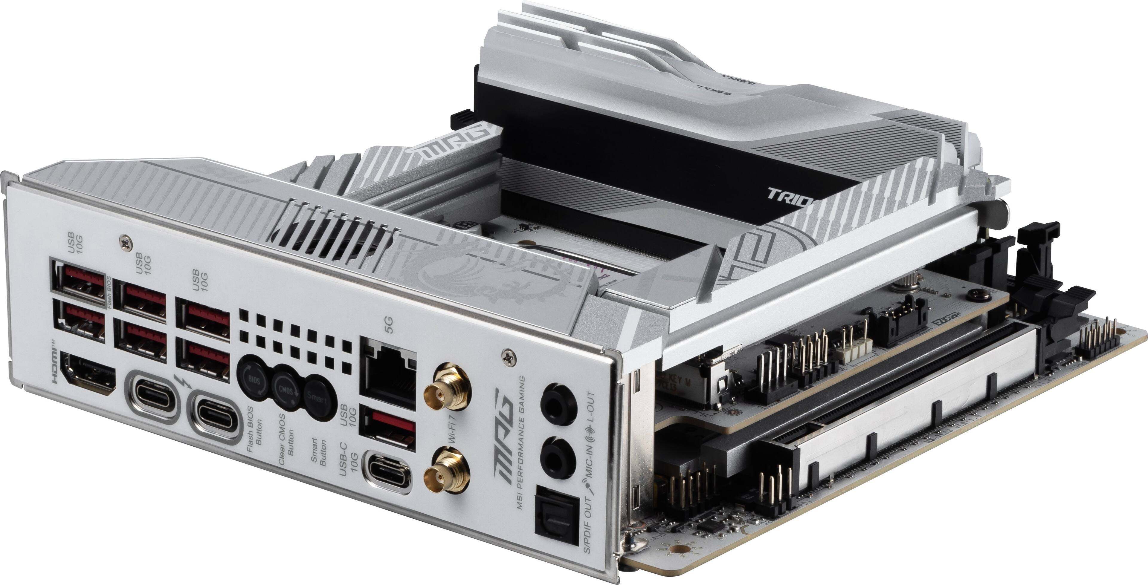 USB 10G USB 10G - USB 10G i - HOm s BOS BIOS Flash Button CMOS Seart CMOS Clear Button Smart Button USB 10G USB-C 10G MRG 5G GAMING 7 WI-Fi7 CW PERFORMANCE MSI L-OUT MIC-IN i OUT S/PDIF KEY 108 TRID Wm