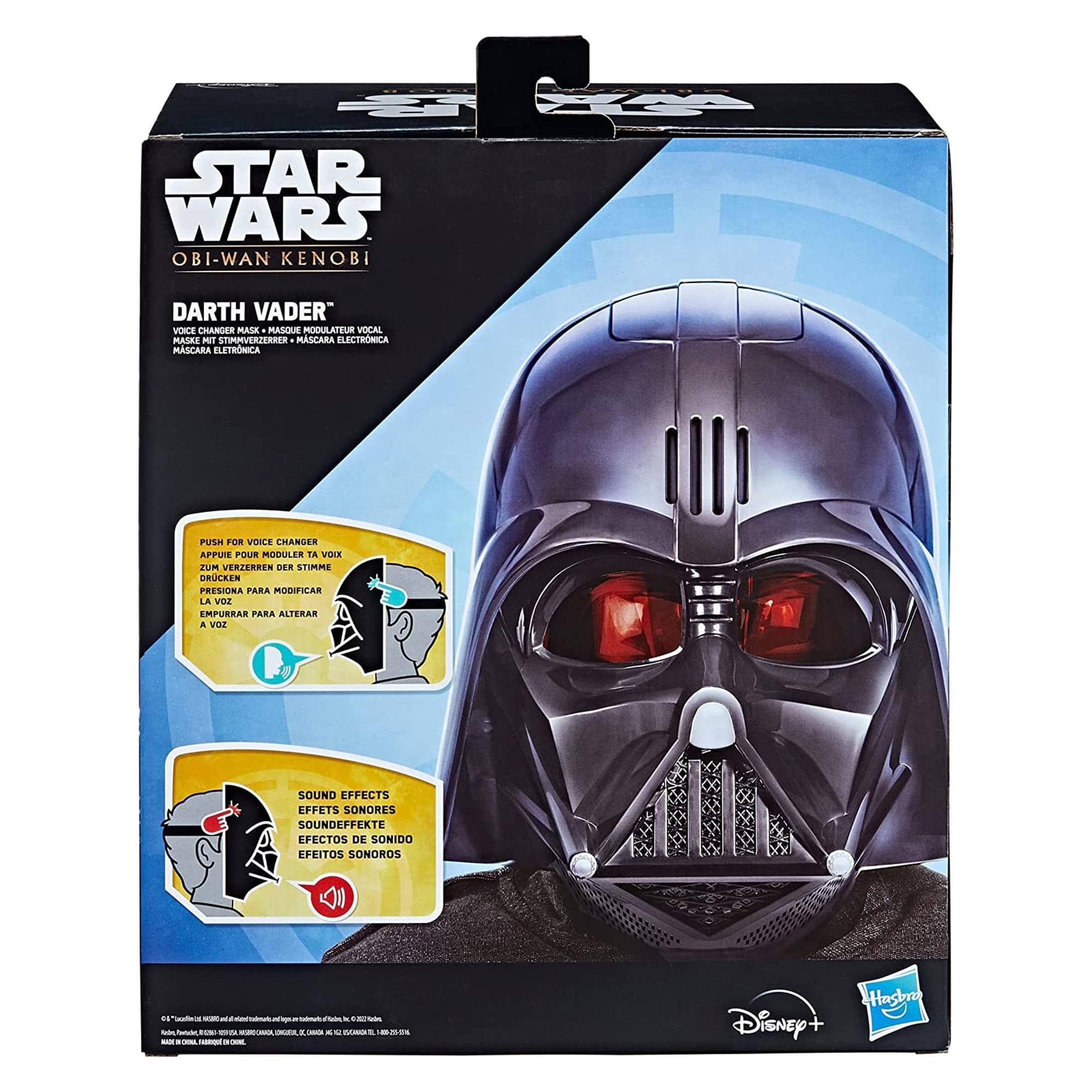 STAR WARS OBI-WAN KENOBI  
DARTH VADER  
VOICE CHANGER  
MASQUE MODULATEUR VOCAL  
MÁSCARA MODULADORA DE VOZ  
MÁSCARA ELETRÔNICA  

PUSH FOR VOICE CHANGER  
APPUYE POUR MODULER TA VOIX  
DRÜCKEN ZUM VERÄNDER DER STIMME  
PRESIONA PARA MODIFICAR LA VOZ  
APRIETA PARA ALTERAR LA VOZ  

SOUND EFFECTS  
EFFETS SONORES  
SOUNDEFFEETE  
EFECTOS DE SONIDO  
EFEITOS SONOROS  

Disney+  
Hasbro