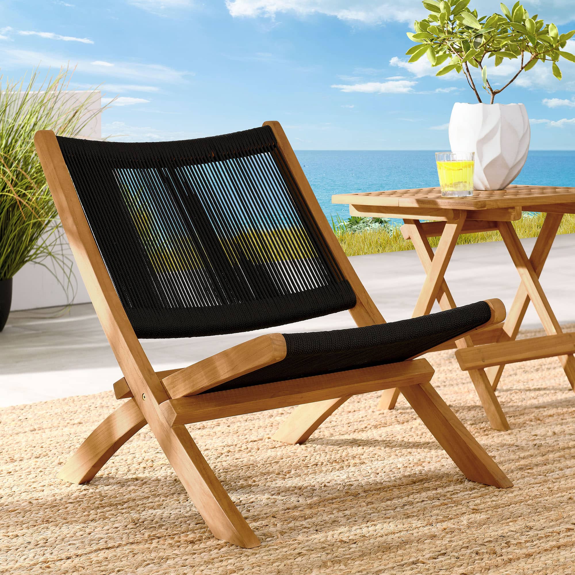 Vienna Outdoor Patio Teak and Rope Folding Accent Lounge Chair by Modway - Natural Black