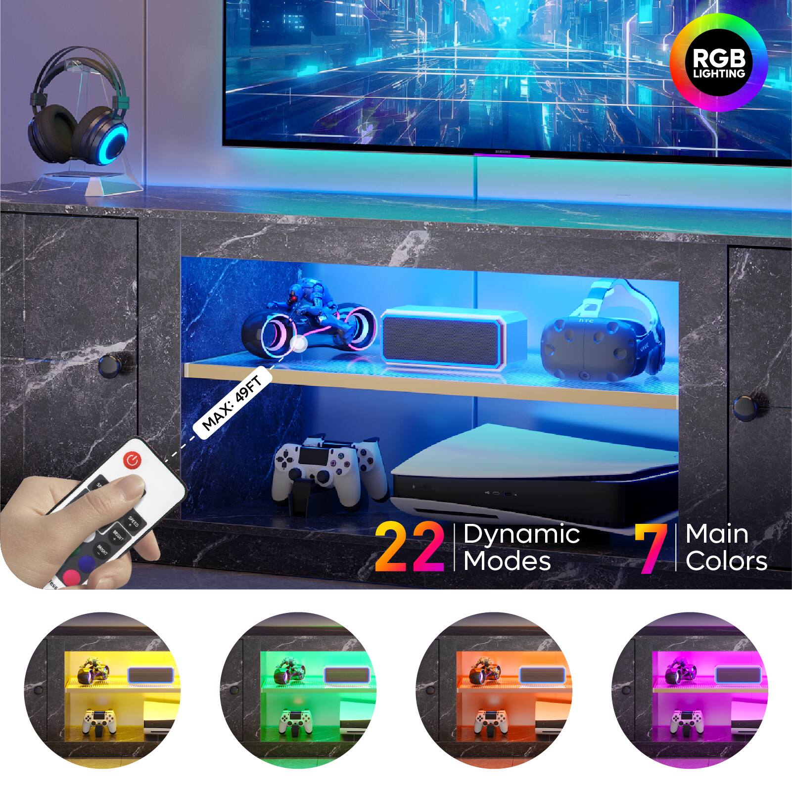 RGB LIGHTING A ... G 49FT MAX: sin - I .-. 22 Dynamic Modes Main 7 Colors