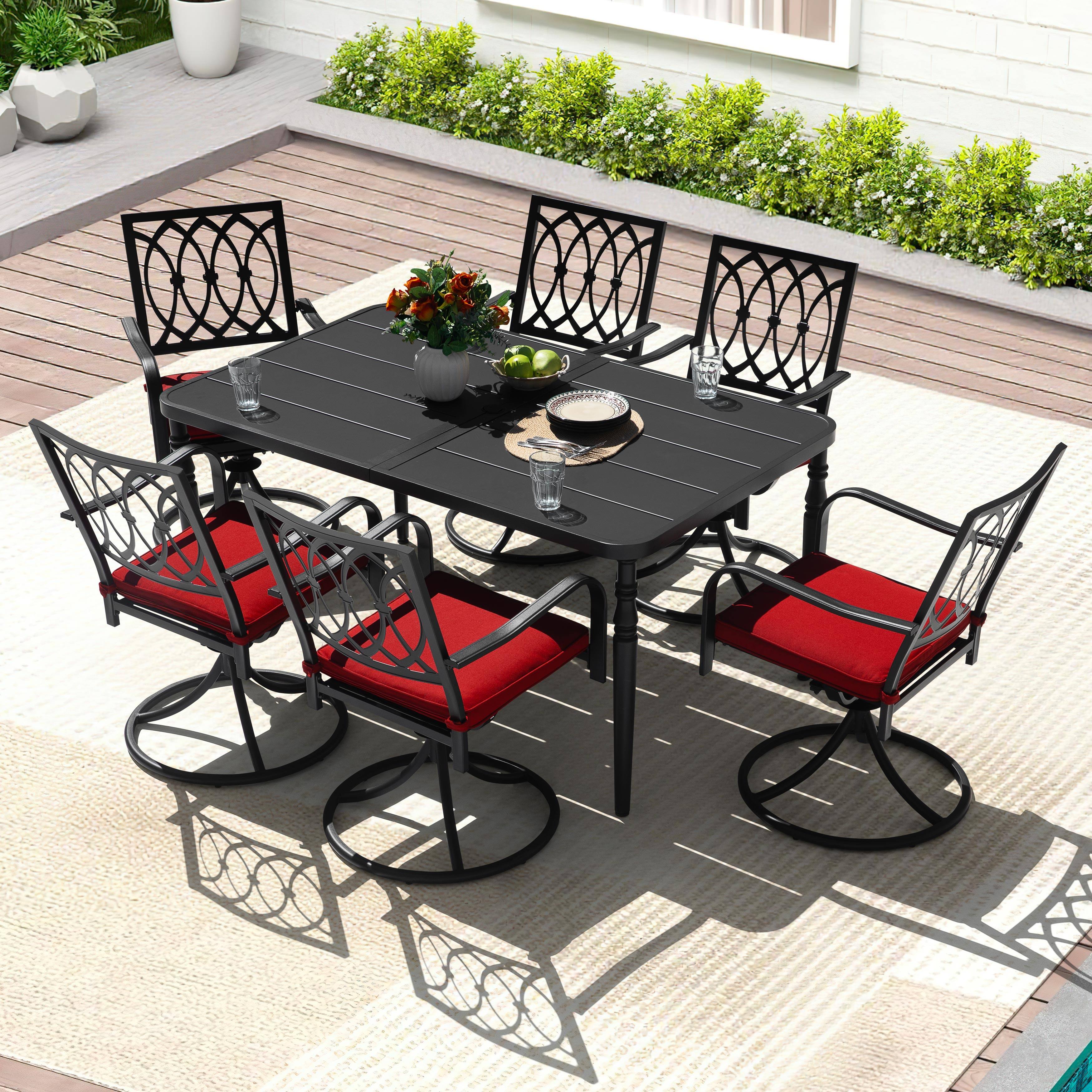 Left. Nuu Garden - 7PCS Metal Patio Dining Set with Umbrella Hole, Swivel Chairs with Cushions - Black and Red.