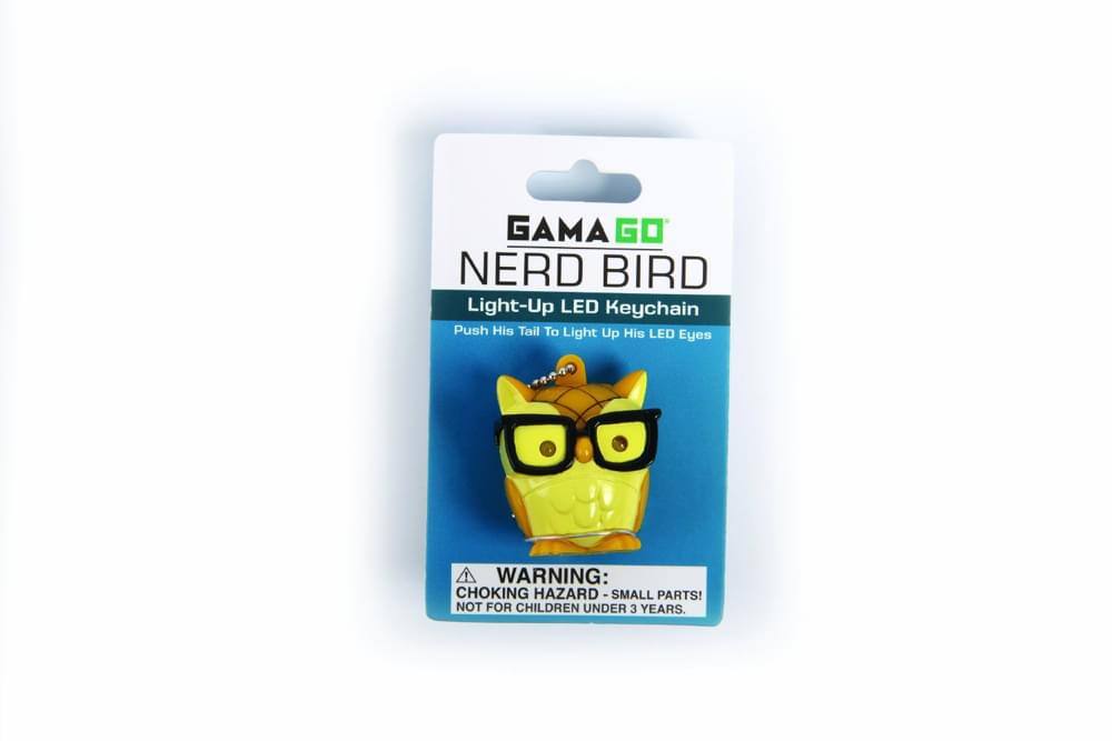 GAMA GO NERD BIRD Light-Up LED Keychain Push His Tail To Light Up His LED Eyes WARNING: CHOKING HAZARD SMALL PARTS! NOT FOR CHILDREN UNDER 3 YEARS.