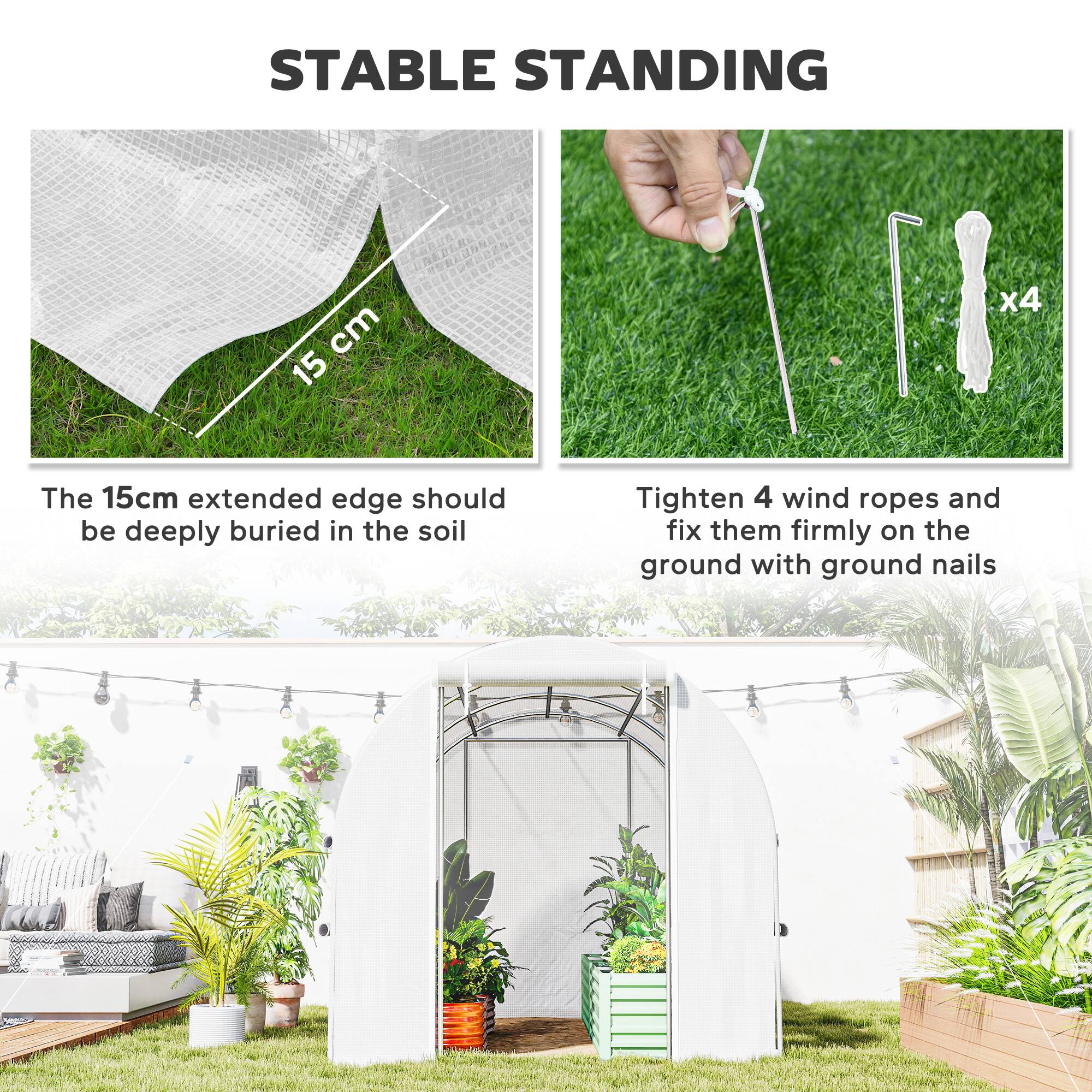 The 15cm extended edge should be deeply buried in the soil. Tighten 4 wind ropes and fix them firmly on the ground with ground nails.
