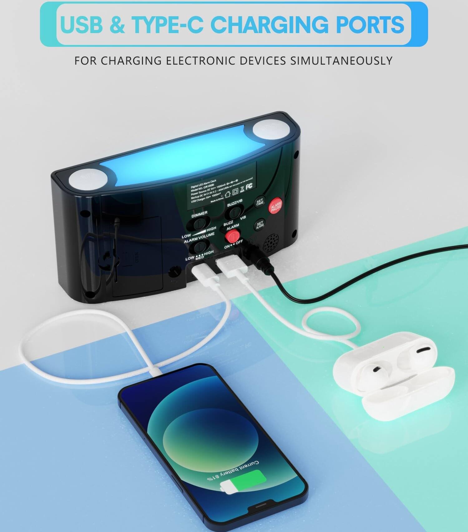 USB & TYPE-C CHARGING PORTS FOR CHARGING ELECTRONIC DEVICES SIMULTANEOUSLY