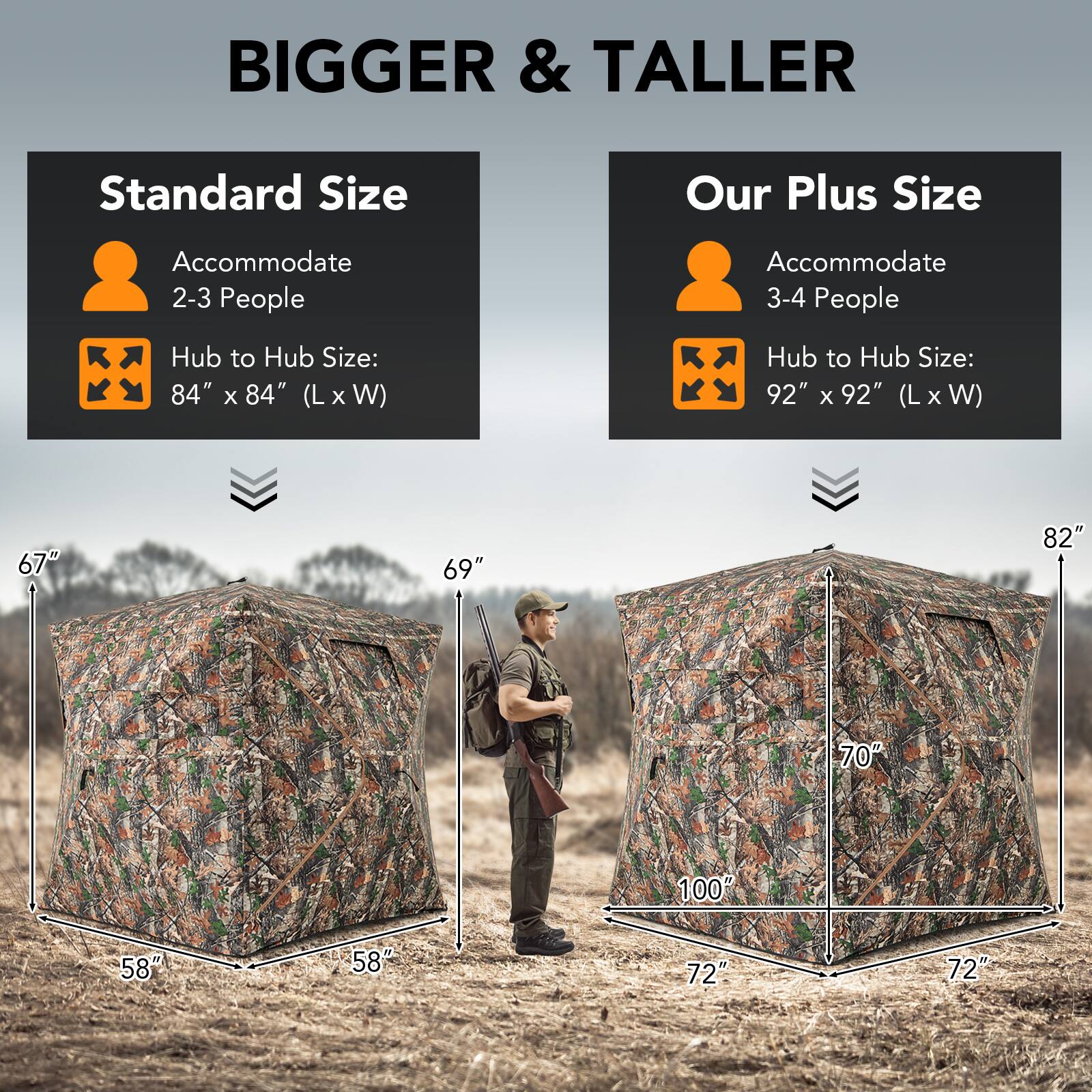 BIGGER & TALLER

Standard Size
Accommodate 2-3 People
Hub to Hub Size: 84" x 84" (L x W)

Our Plus Size
Accommodate 3-4 People
Hub to Hub Size: 92" x 92" (L x W)

67" 69" 82" 70" 100" 58" 58" 72" 72"