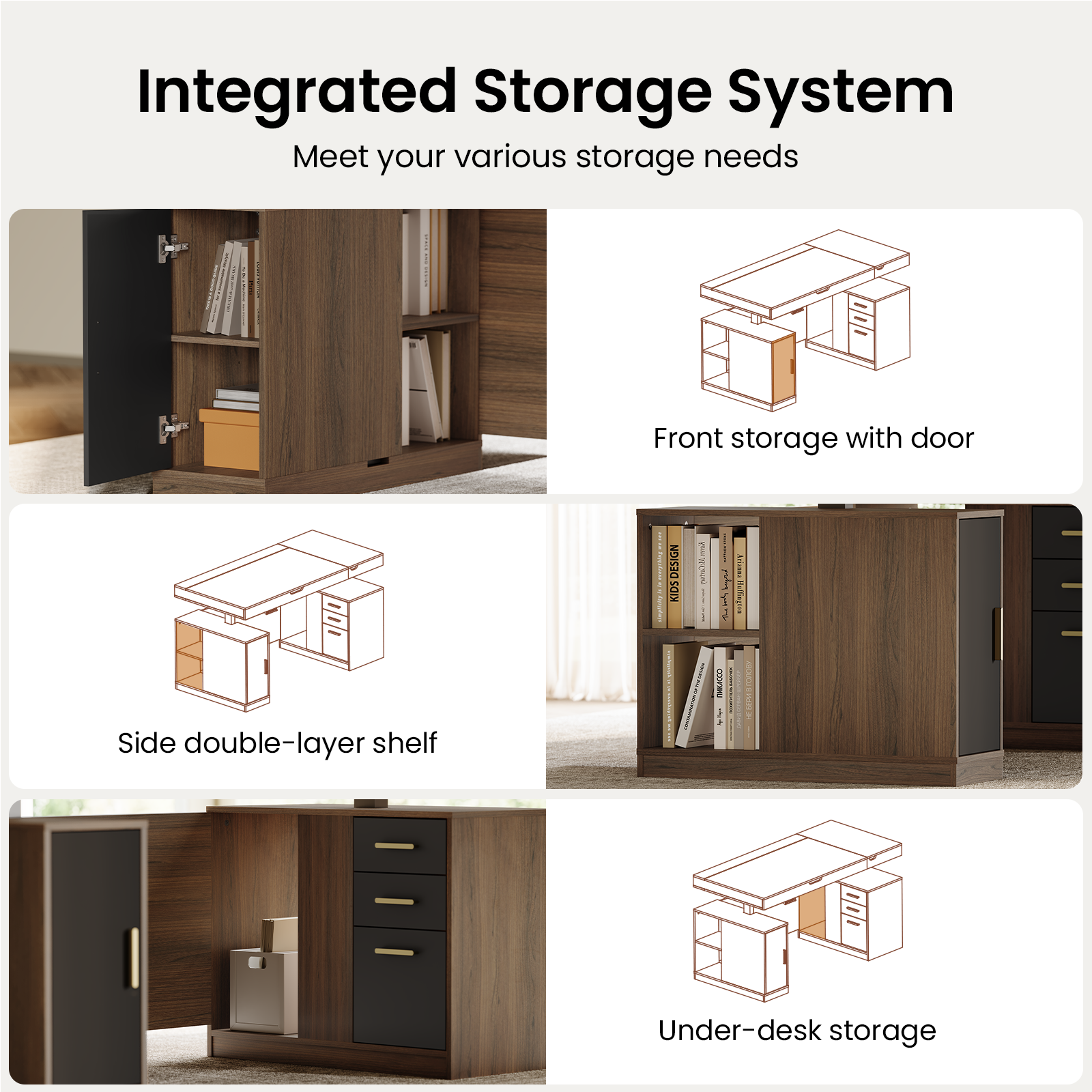 Integrated Storage System  
Meet your various storage needs  

Front storage with door  

Side double-layer shelf  

Under-desk storage