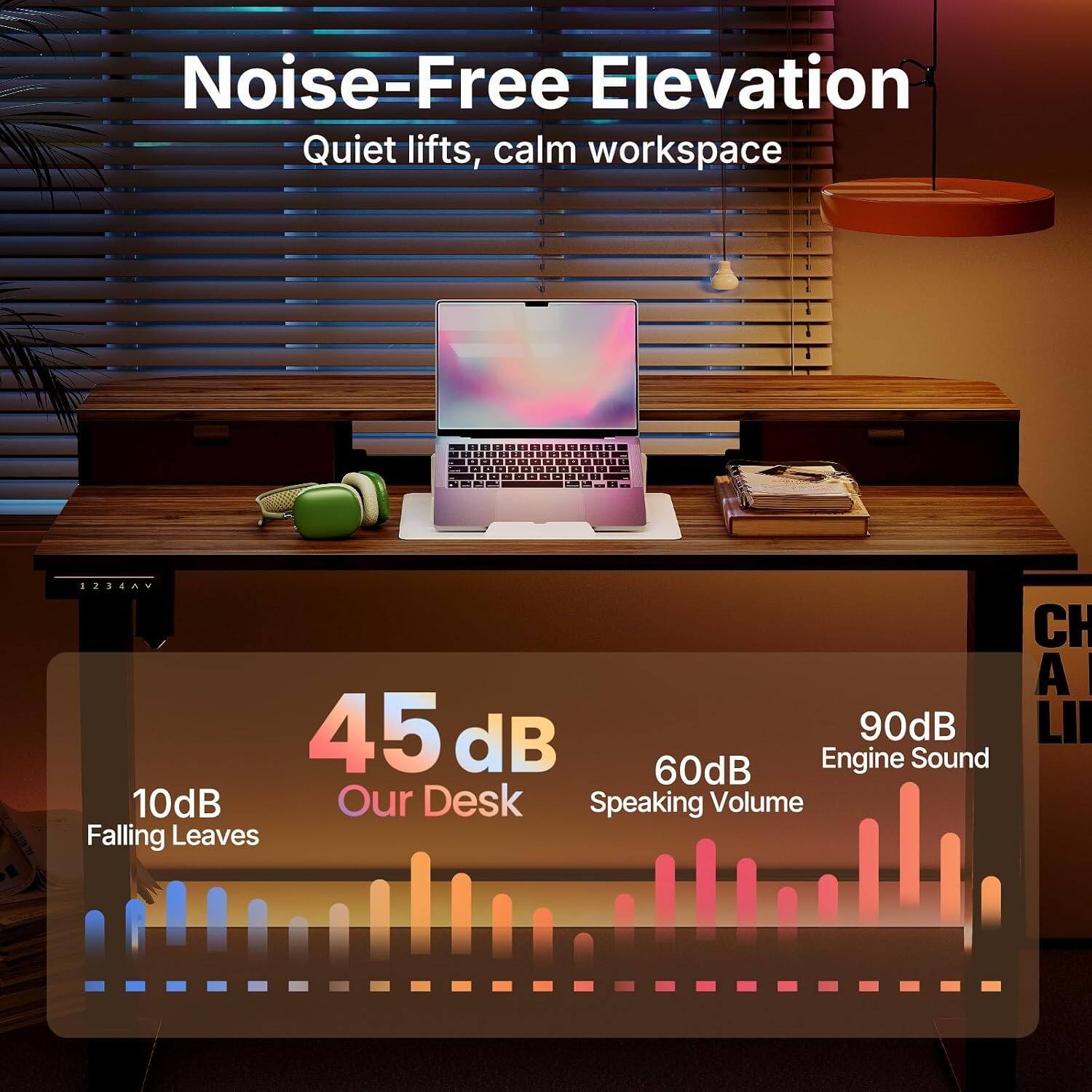 Noise-Free Elevation  
Quiet lifts, calm workspace  

45 dB  
Our Desk  

10dB  
Falling Leaves  

60dB  
Speaking Volume  

90dB  
Engine Sound