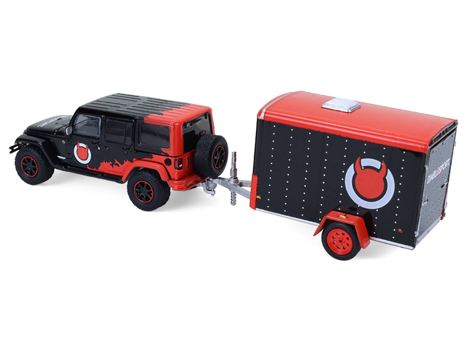 Alt View 3. Greenlight - 2012 Jeep Wrangler Unlimited "Diablo Sport" Black with Red Graphics & Small Cargo Trailer 1/64 Model Cars by Greenlight.
