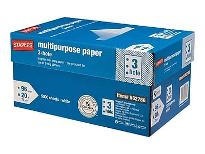 Staples - 8.5" x 11" 3-Hole Punch Multipurpose Paper, 20 lbs., 96 Brightness, 500/Ream, 10 Reams/Carton - White