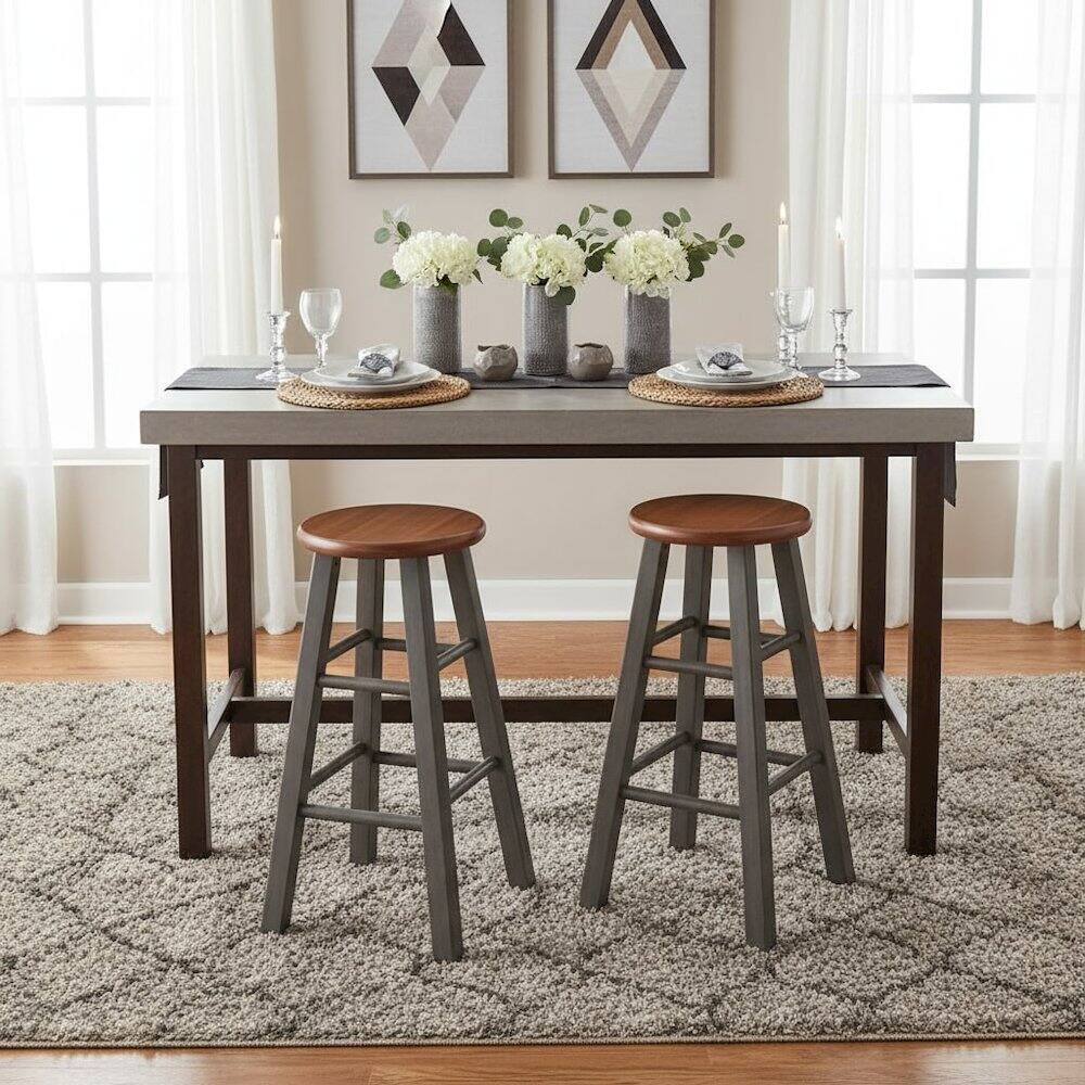 Back. FurniFact - 24" Solid Wood Counter Stool, Weathered Gray/Rustic Teak Finish - Rustic Gray / Teak.