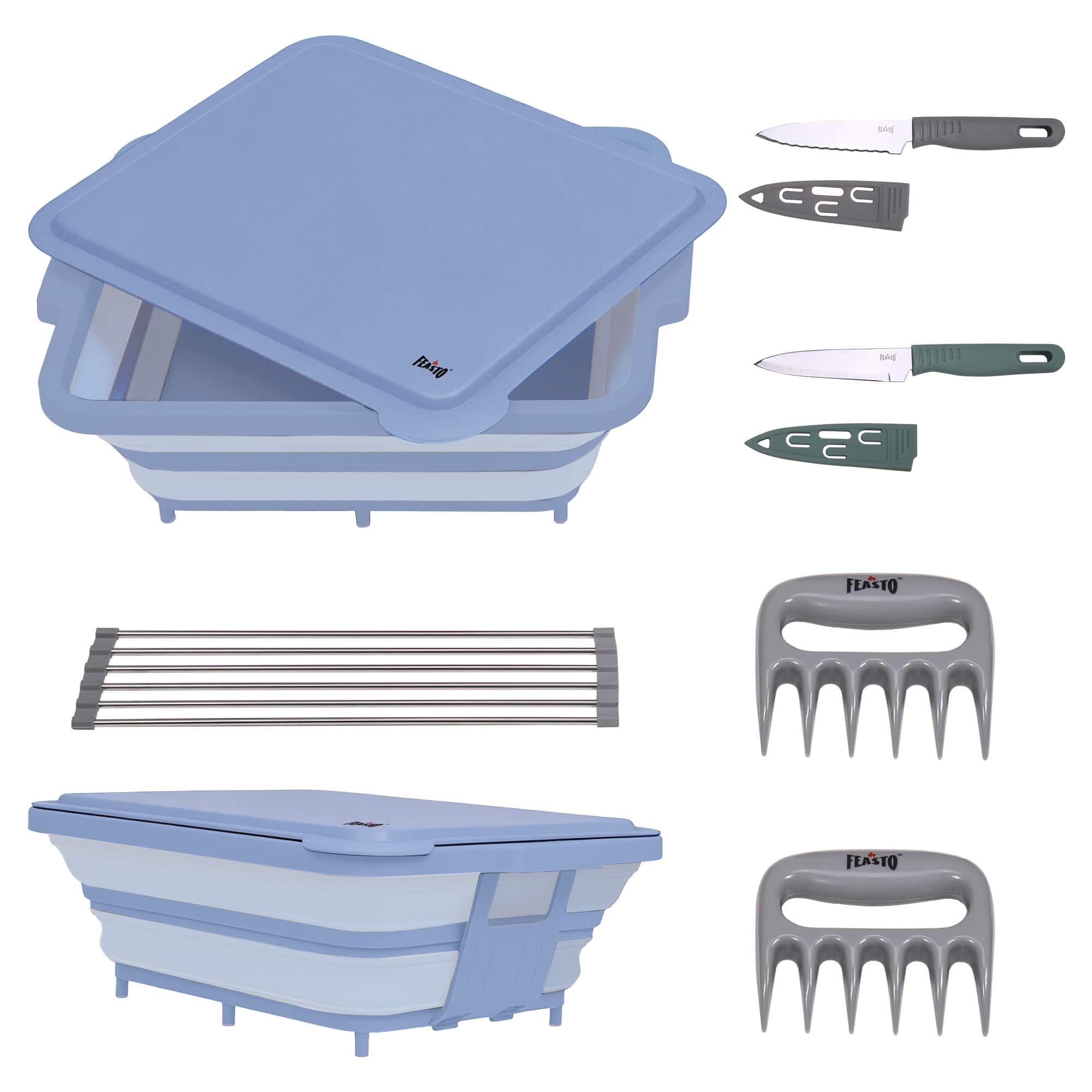 FEASTO - 9-Piece Collapsible BBQ Prep Tub Set with Cutting Board, Lids, Knives, Claws & Drain Rack - Blue