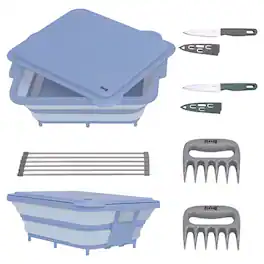 FEASTO - 9-Piece Collapsible BBQ Prep Tub Set with Cutting Board, Lids, Knives, Claws & Drain Rack - Blue
