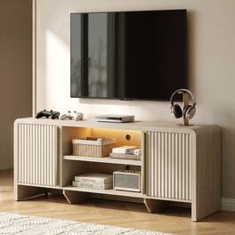 ModernMate - Fluted TV Stand with 3-Color LED Light, Modern Television Console Storage Cabinet with Adjustable Open Shelf - White Alder