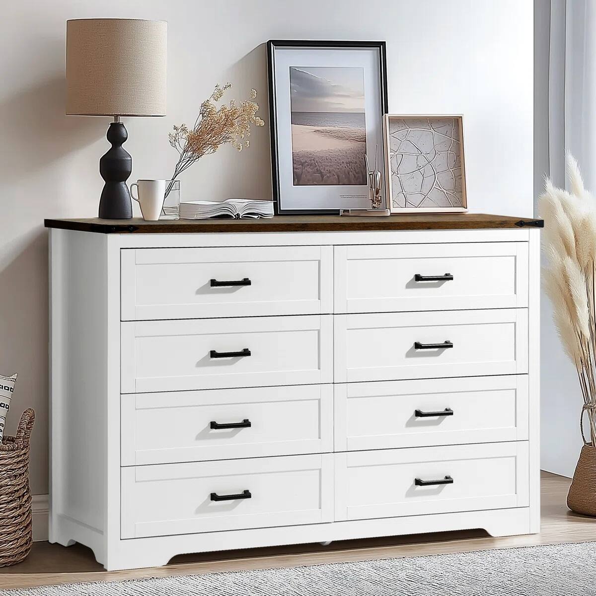Back. Koligey - 8-Drawer Dresser 54"W Double Dresser With Rustic Brown Top Panel - white.