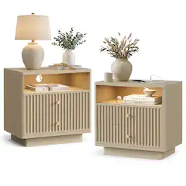 paproos - 23'' Fluted Nightstand Set of 2 with Charging Station, Modern Bedside Table with Motion Sensor LED Light & 2-Drawer - Natural Wood