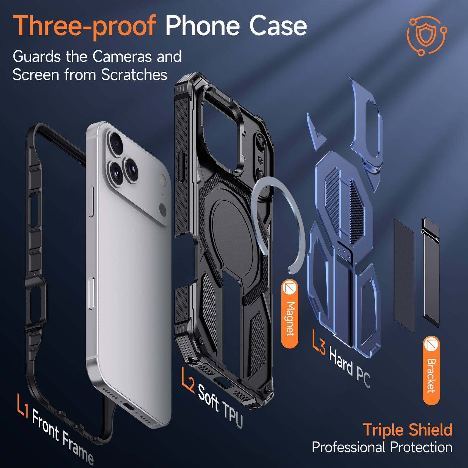 Three-proof Phone Case  
Guards the Cameras and Screen from Scratches  
L1 Front Frame  
Soft TPU  
7 Magnet  
L3 Hard Bracket PC  
Triple Shield  
Professional Protection