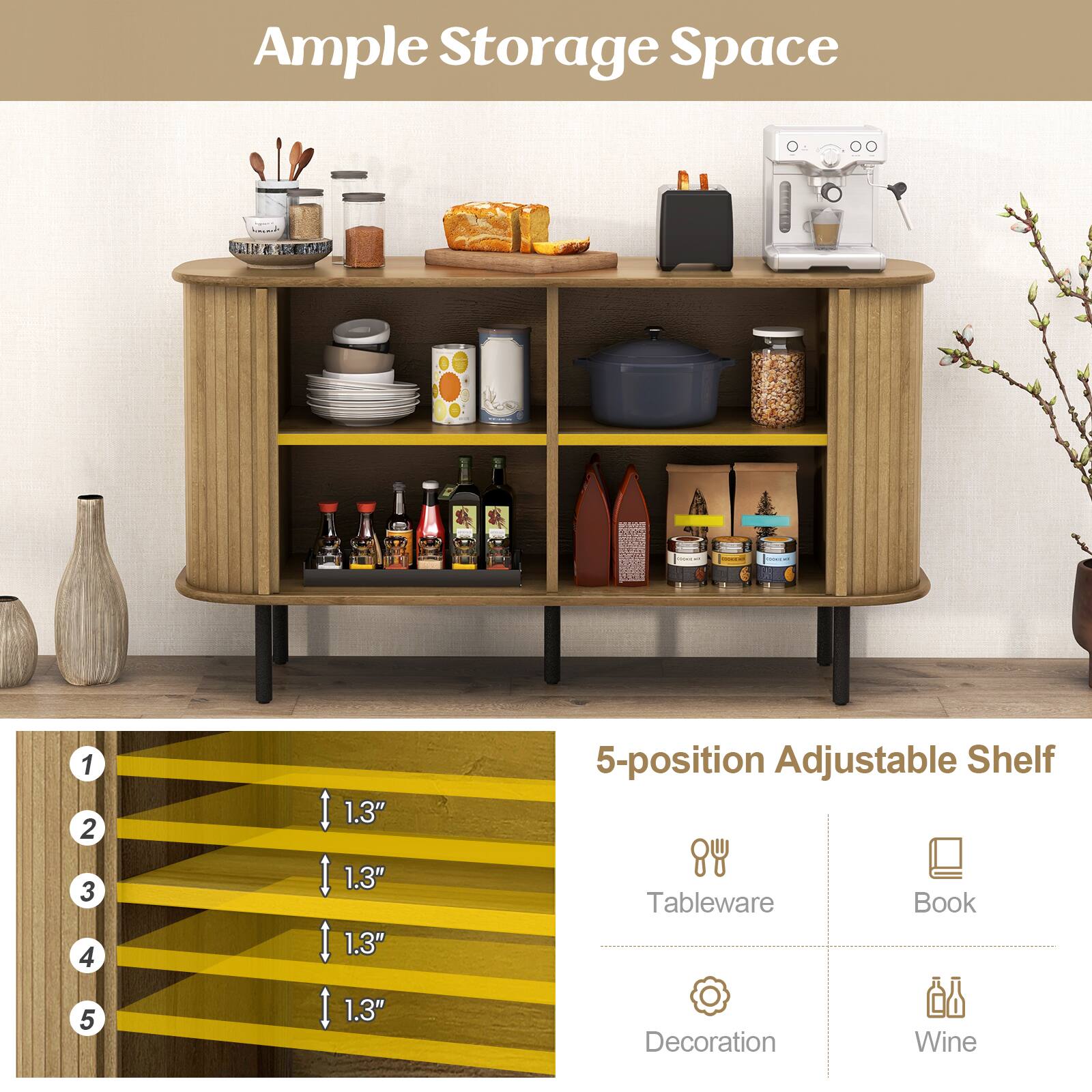 Ample Storage Space | 5-position Adjustable Shelf | Tableware | Book | Decoration | Wine