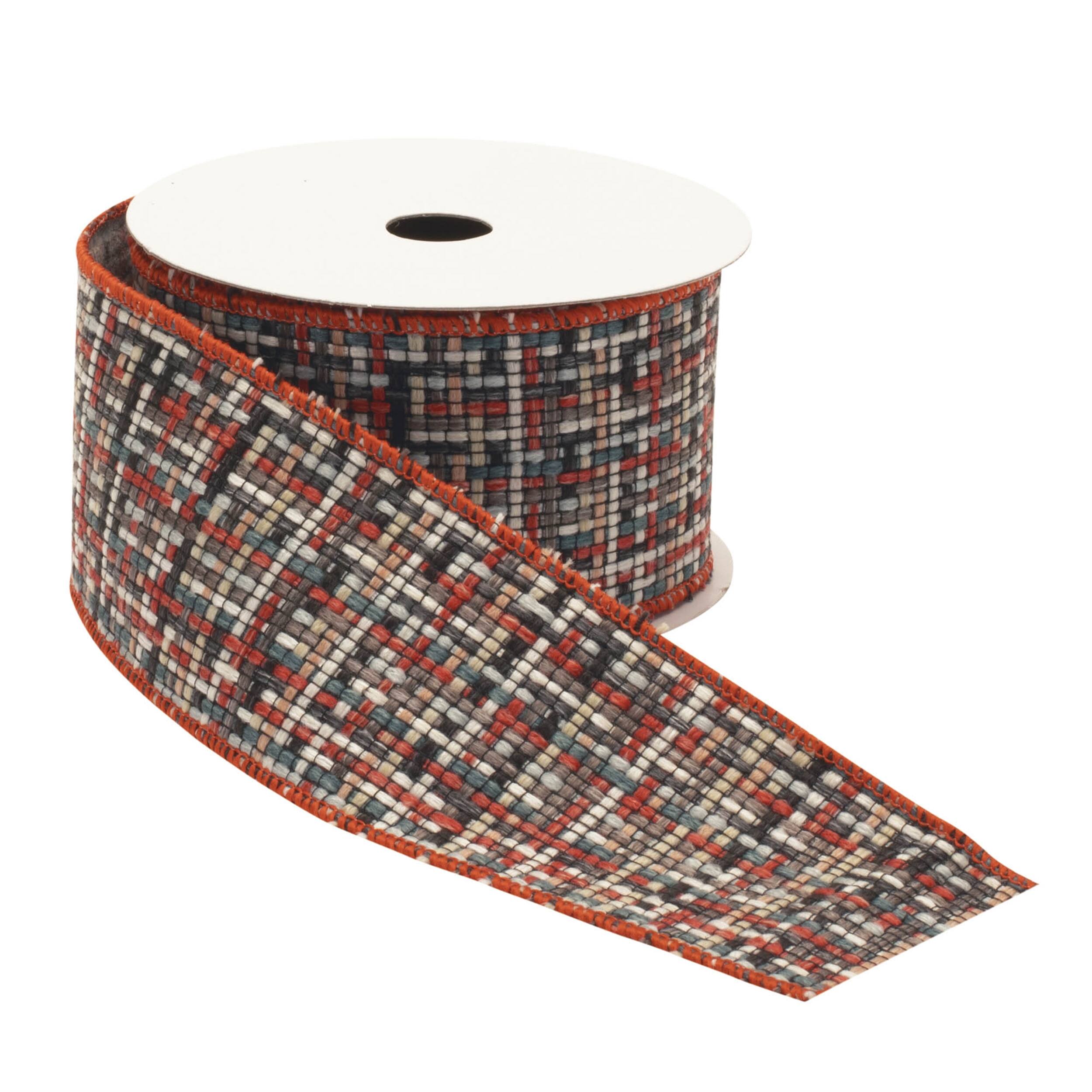 Angle. BreeBe - Checkered Woven Wired Ribbon (Set of 2) - Red, Black, Beige.