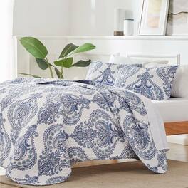 Hivvago - King Size Soft Microfiber Reversible Baroque Floral Design Quilt Set - Blue/White