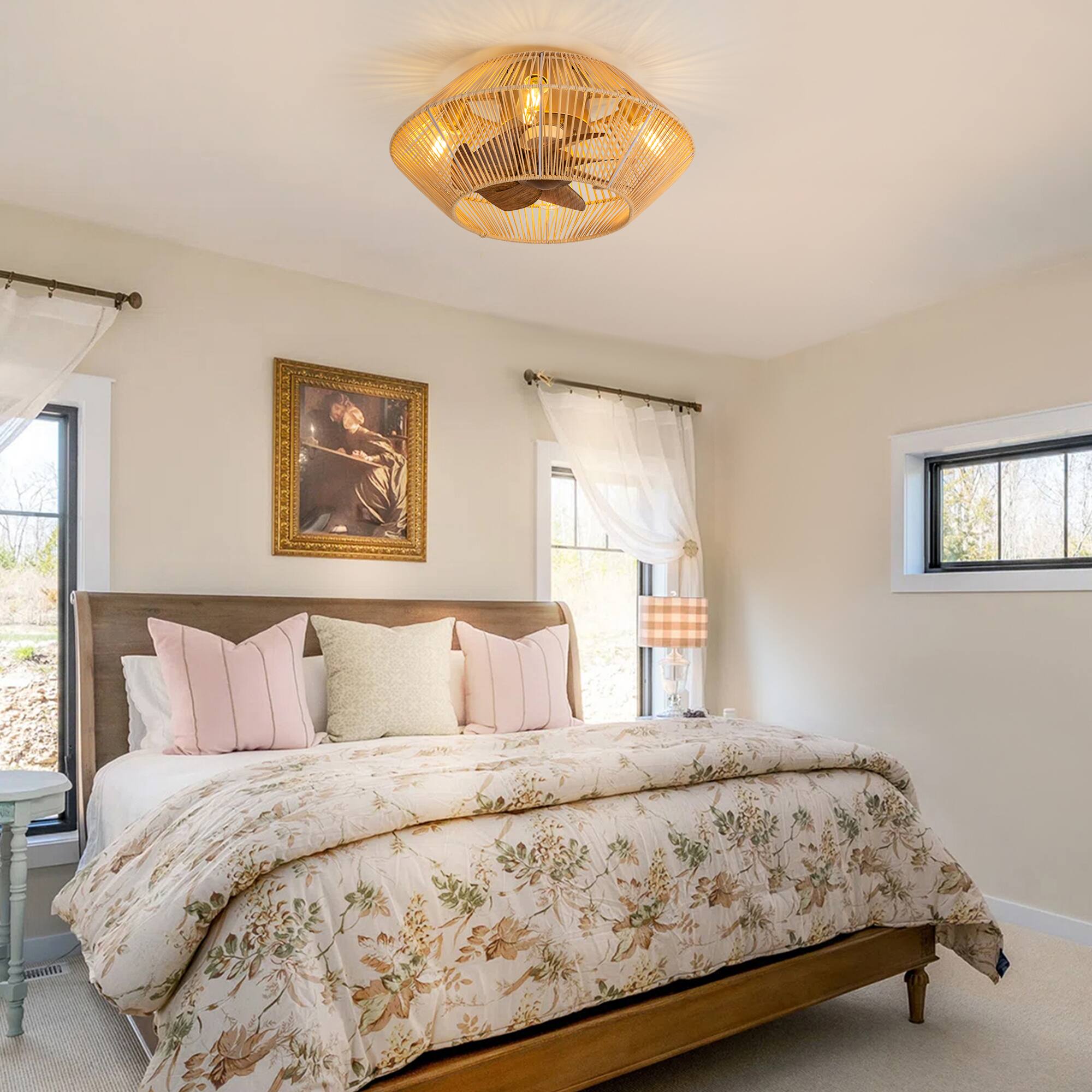 Alt View 1. Breezary - 19" Indoor Caged Rattan Ceiling Fan with LED Light, 7 ABS Blades, 6-Speed, DC Motor, Remote Control with Timer - Gold and Dark Wood Grain.