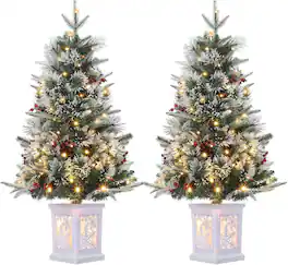 GARVEE - 2 Pack 3FT Prelit Christmas Tree Flocked Snow 78 Warm White LED Lights 8 Lighting Modes with Vintage Potted Base - Green