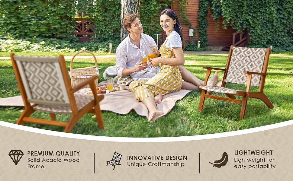 PREMIUM QUALITY  
Solid Acacia Wood Frame  

INNOVATIVE DESIGN  
Unique Craftsmanship  

LIGHTWEIGHT  
Lightweight for easy portability