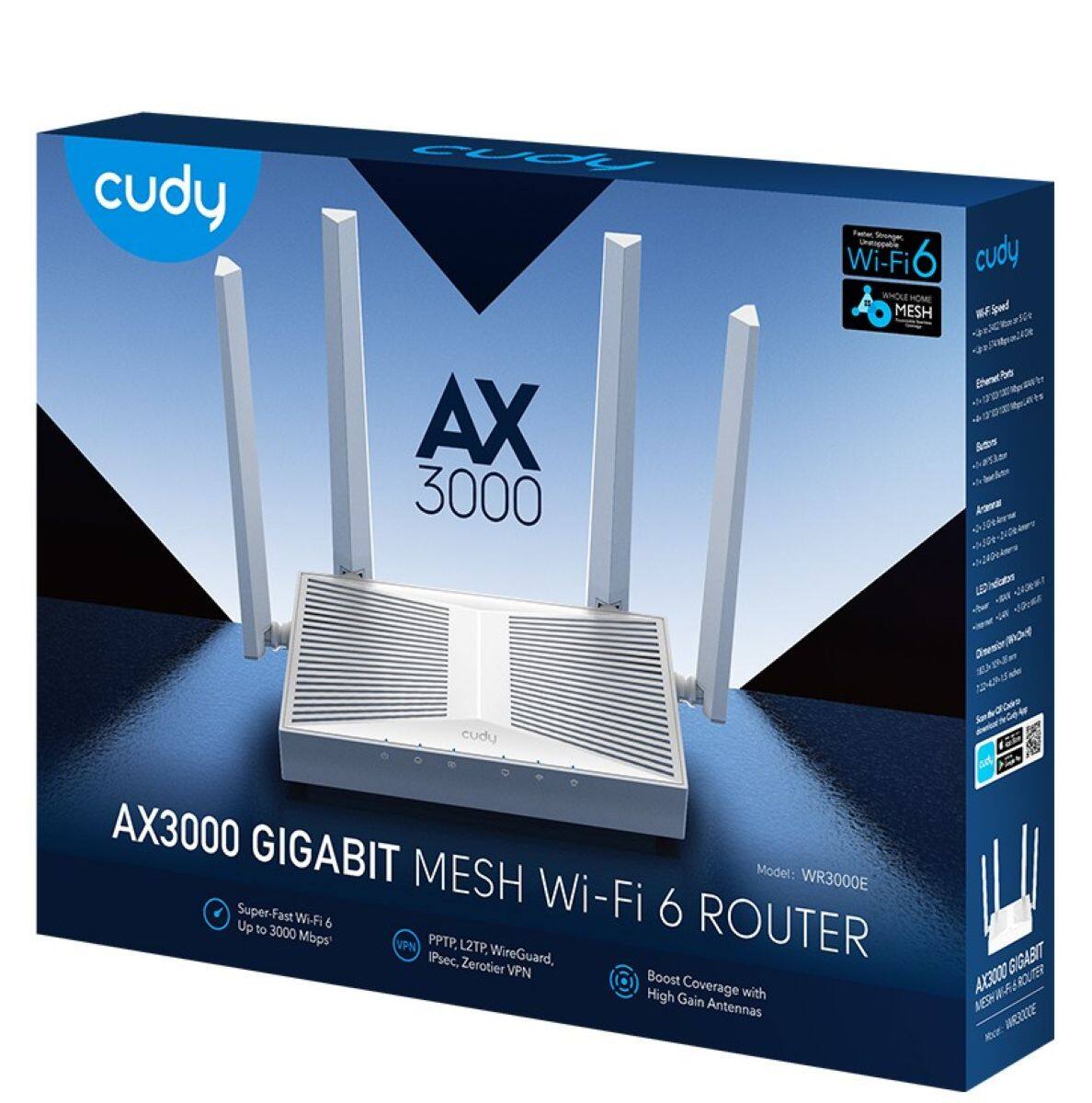 cudy AX 3000 Stronger Wi-Fi MESH cudy WFSpad Ats wiek SimesiMon cudy AX3000 GIGABIT MESH Model: WR3000E Super-Fast Wi-Fi 6 Wi-Fi 6 Up to 3000 Mbps VPN IPsec, PPT. L2TP, WireGuard, ROUTER Zerotier VPN Boost Coverage High Gain with Antennas GIGABIT AX3000 R NESA WRRUREE