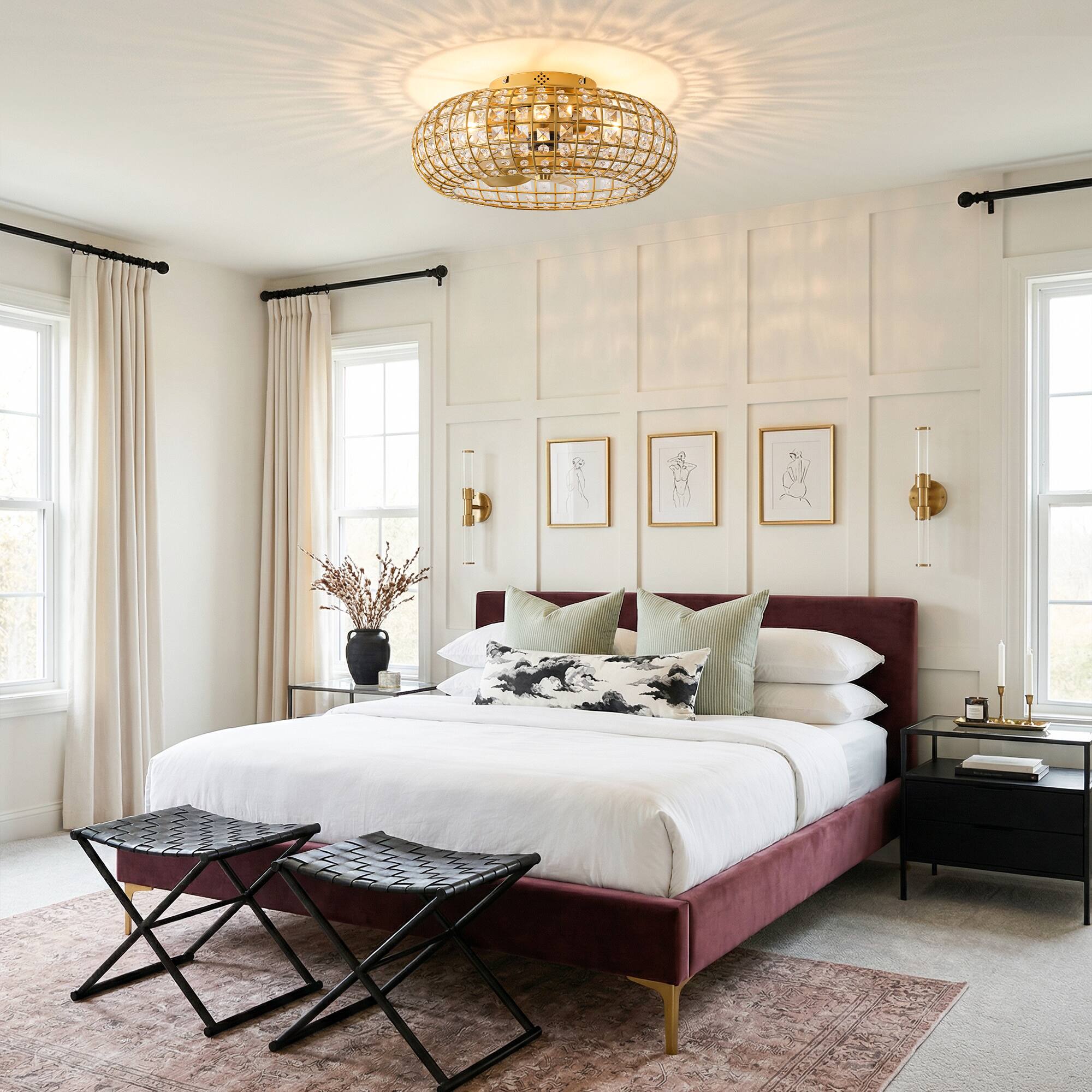 Back. Vaczon - 20" Modern Luxury Crystal Flush Mount Caged Ceiling Fan with Light and Remote, 6-Speed DC Motor - Gold.