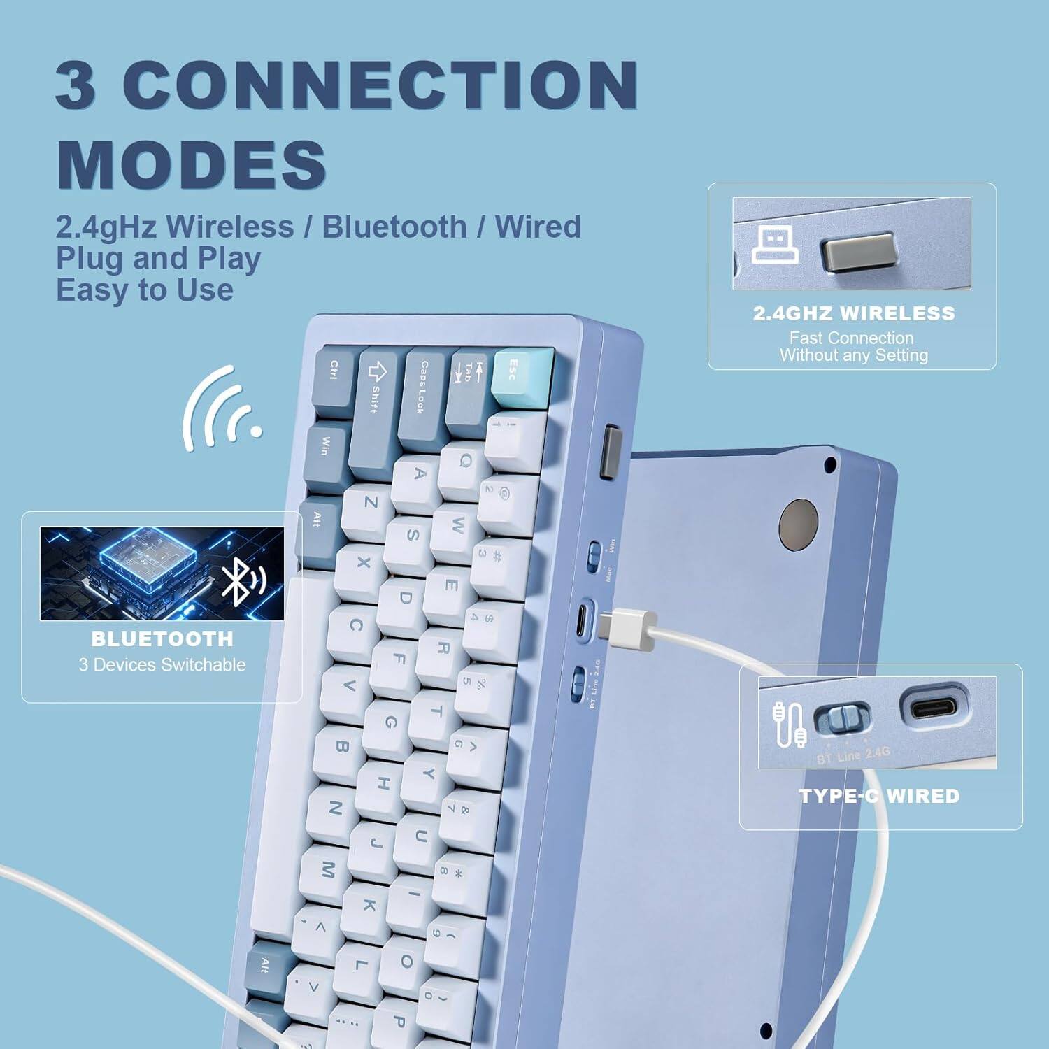 3 CONNECTION MODES

2.4GHz Wireless / Bluetooth / Wired

Plug and Play
Easy to Use

2.4GHz WIRELESS
Fast Connection
Without any Setting

BLUETOOTH
3 Devices Switchable

TYPE-C WIRED