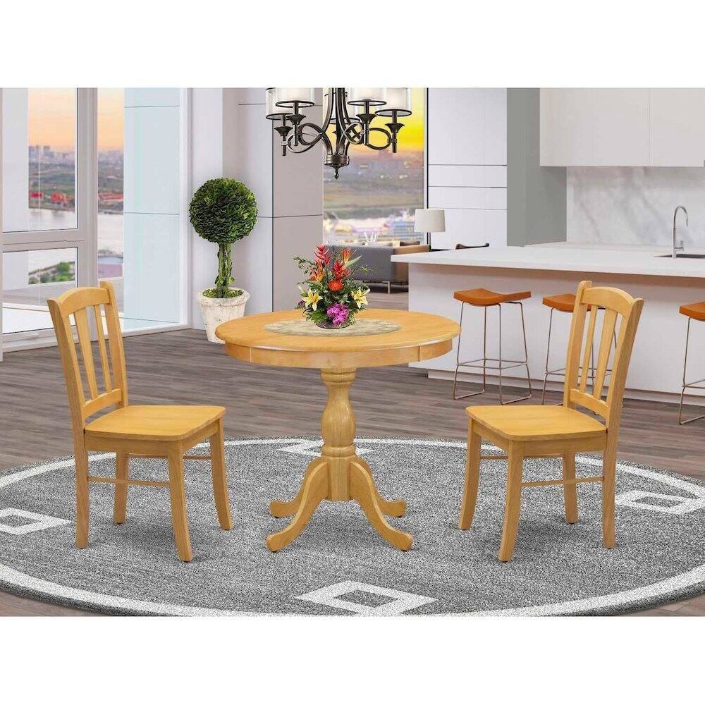 East West Furniture - AMDL3W - 3-Piece Dining Room Table Set- 2 Modern Dining Room Chair and Dining Table - Wooden Seat and Slatted - Oak