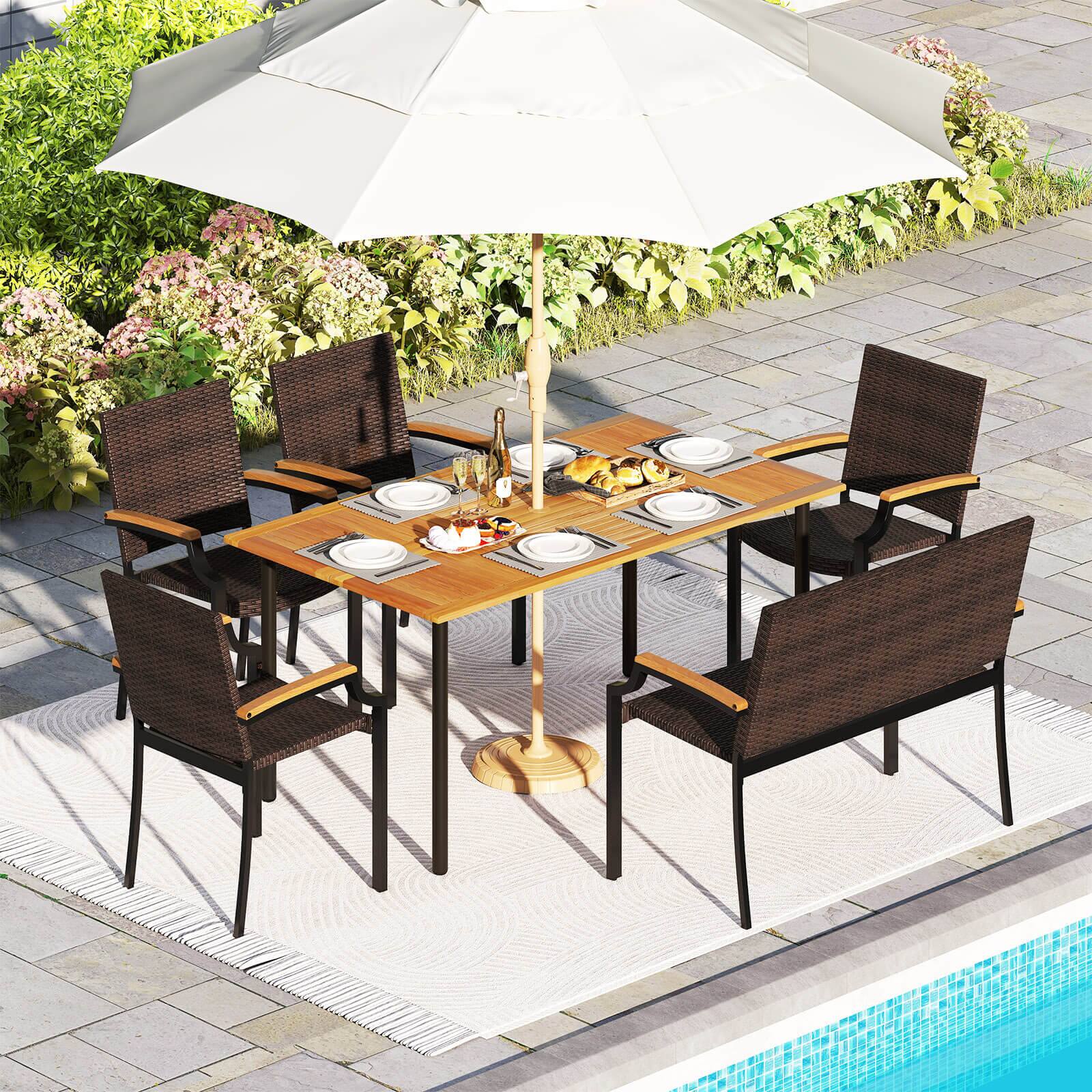 Alt View 3. Costway - Costway 6 PCS Outdoor Dining Set with Acacia Wood Tabletop, 1.97" Umbrella Hole for Deck - Mix Brown.