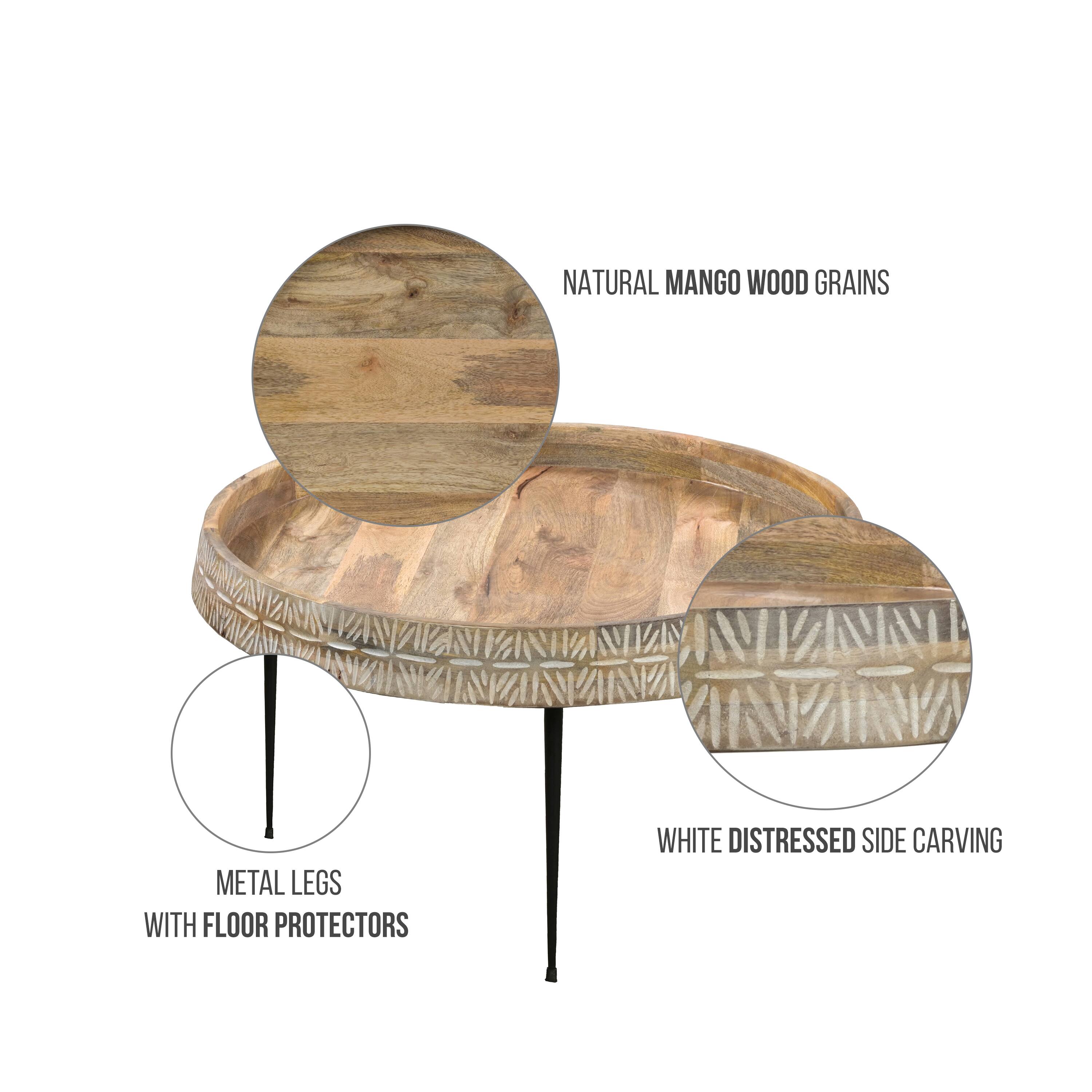 NATURAL MANGO WOOD GRAINS, METAL LEGS WITH FLOOR PROTECTORS, WHITE DISTRESSED SIDE CARVING