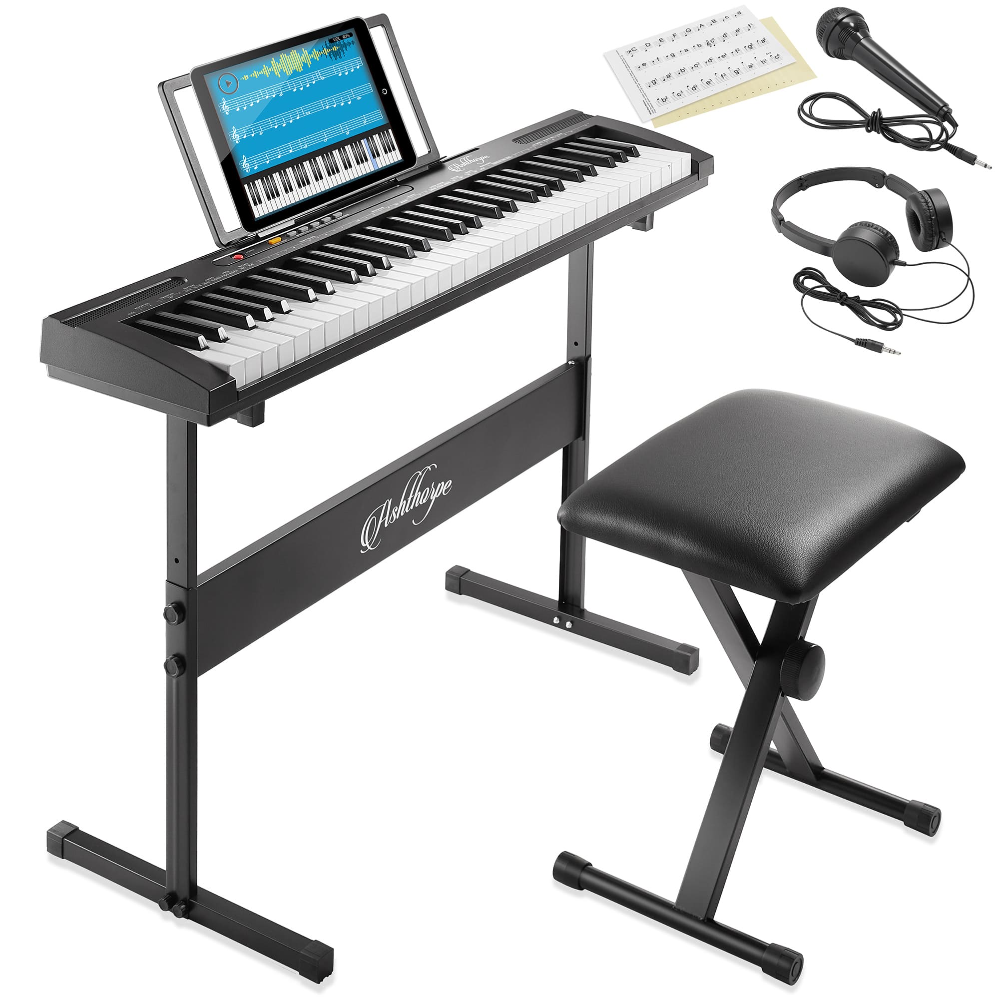 Ashthorpe - 61-Key Electronic Keyboard Piano - Beginner Kit with Stand and Stool - Black