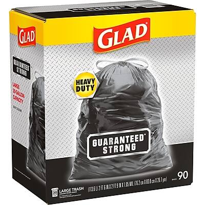 GLAD HEAVY DUTY GUARANTEED STRONG  
LARGE TRASH BAG  
30 GALLON CAPACITY  
90 COUNT  
LARGE TRASH BAG  
110" x 25" x 27" (284 cm x 63.5 cm x 68.6 cm)  
1762 co