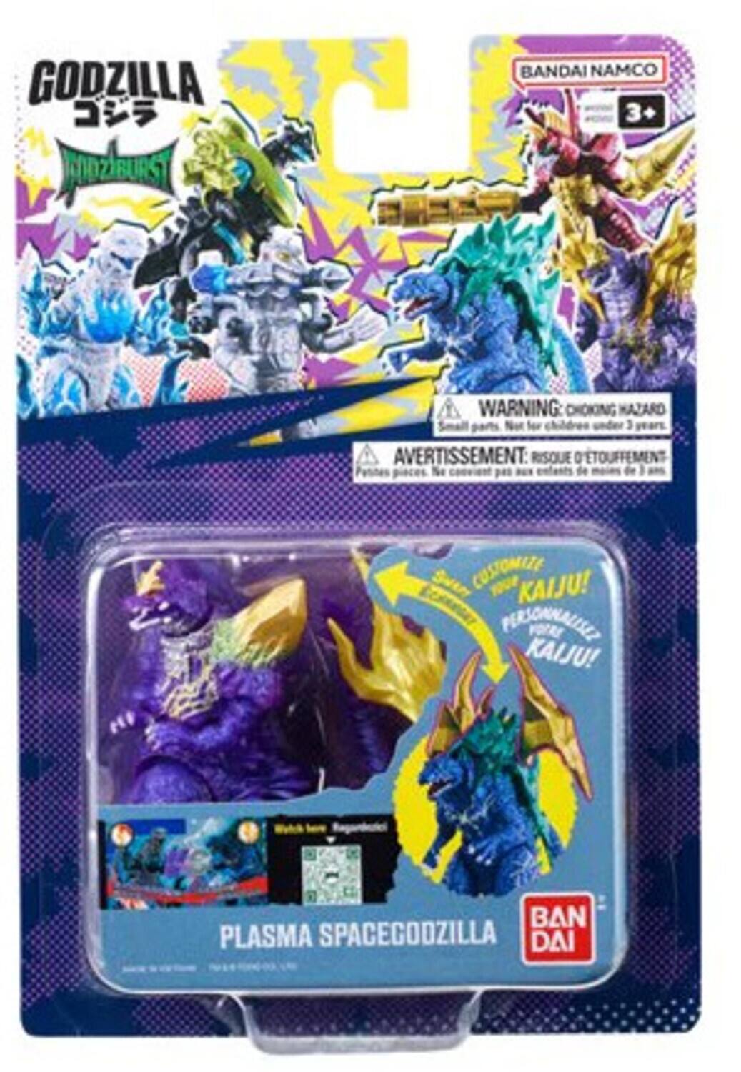 GODZILLA  
RZBURST  
BANDAI NAMCO  
3+  
WARNING: CHOKING HAZARD  
AVERTISSEMENT: RISQUE D'ÉTOUFFEMENT  
Petites pièces. Ne convient pas aux enfants de moins de 3 ans  
CUSTOMIZE YOUR KAIJU!  
PERSONNALISEZ VOTRE KAIJU!  
PLASMA SPACEGODZILLA  
BAN DAI