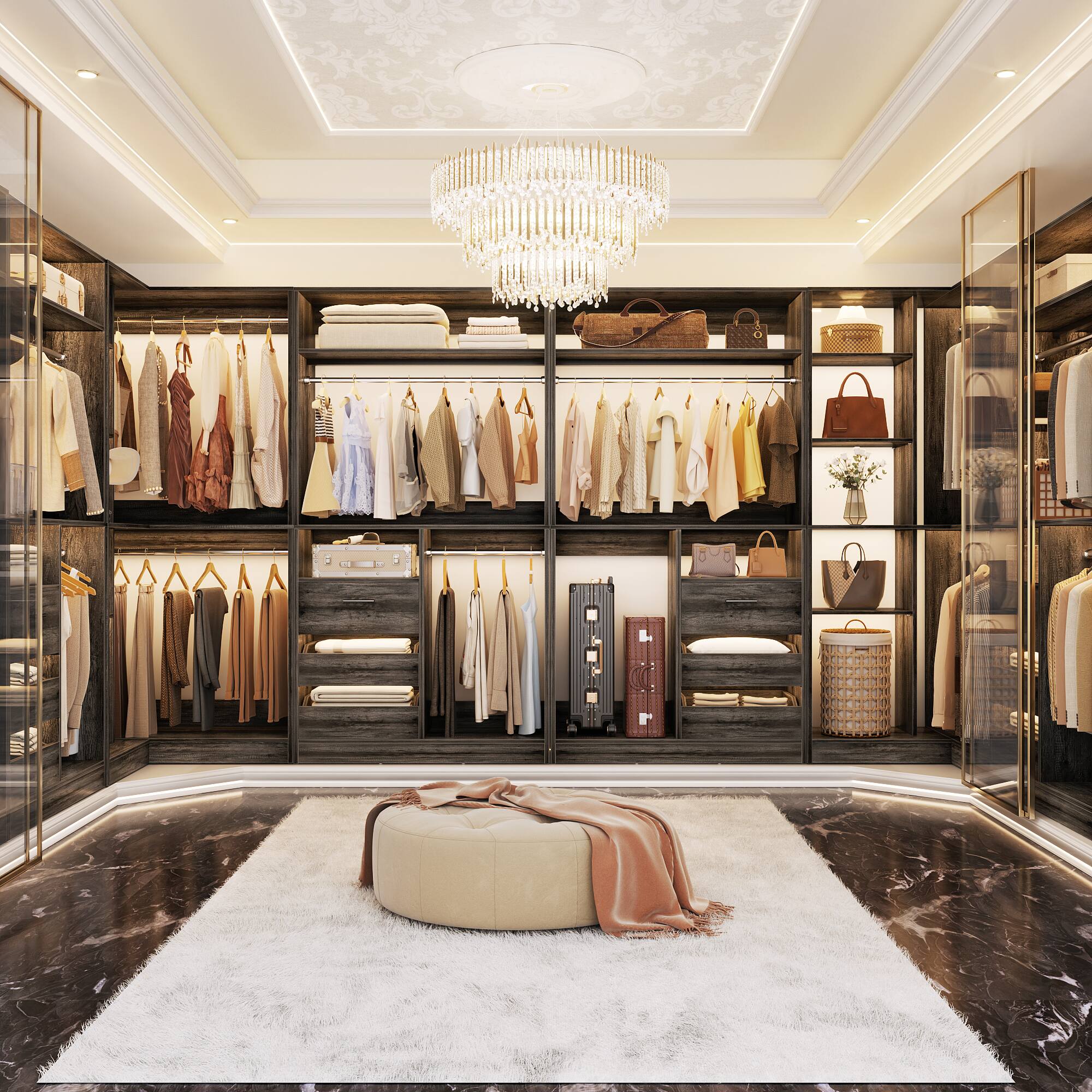 Left. Aheaplus - 72" Freestanding Corner Closet System - 2-Piece Wood Wardrobe with Drawers & Hanging Rods - Gray Oak.