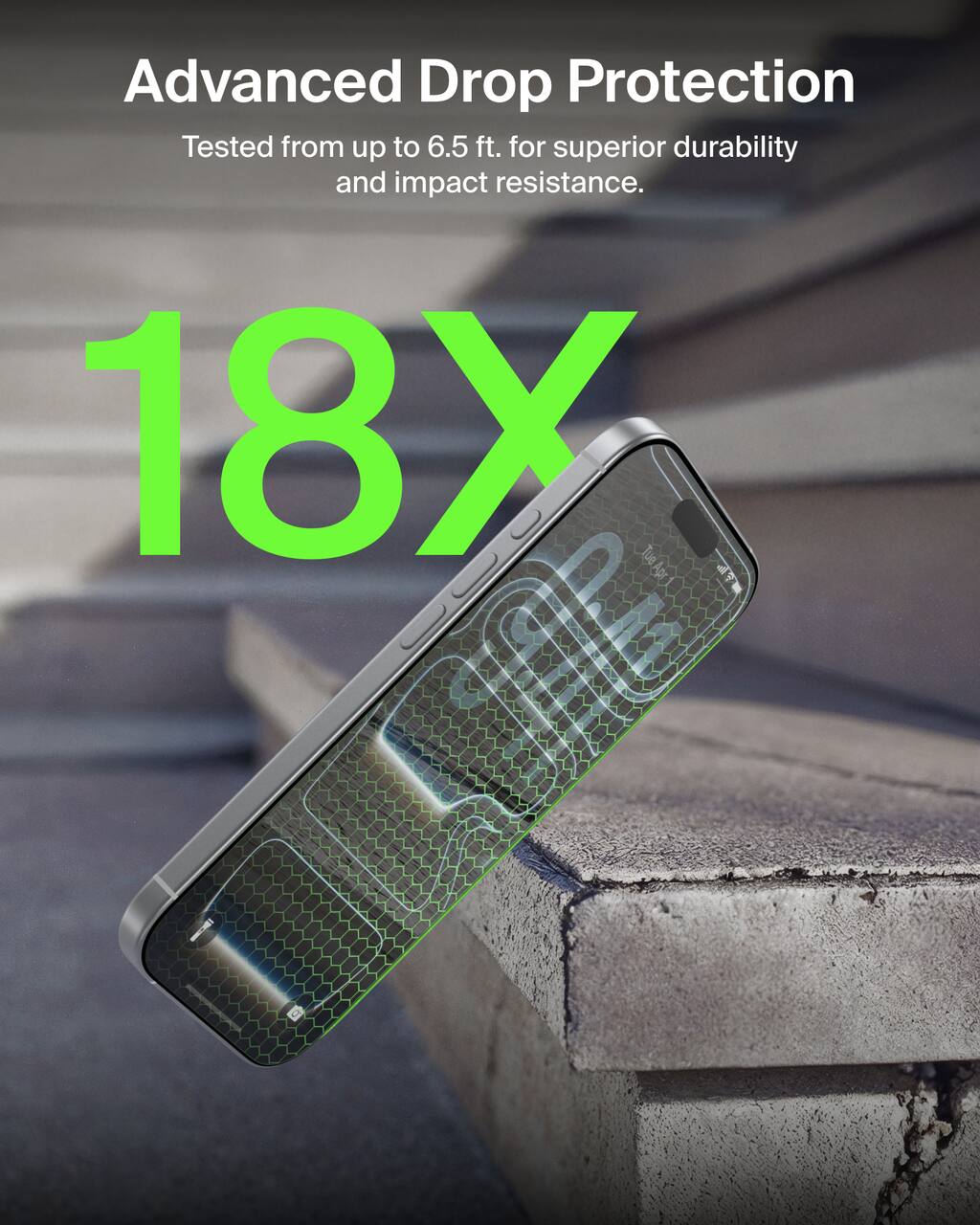 Advanced Drop Protection  
Tested from up to 6.5 ft. for superior durability and impact resistance.  
18X