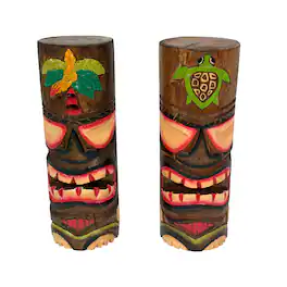 Things2Die4 - Hand Carved Wood Tiki Totem Pole Statues Set of 2 8 Inch Tall Turtle Palm Decor - Brown