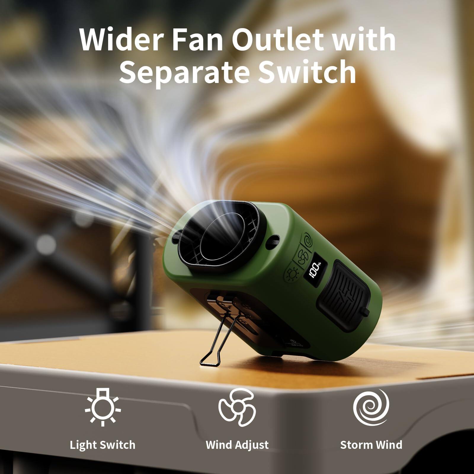 Wider Fan Outlet with Separate Switch

Light Switch
Wind Adjust
Storm Wind