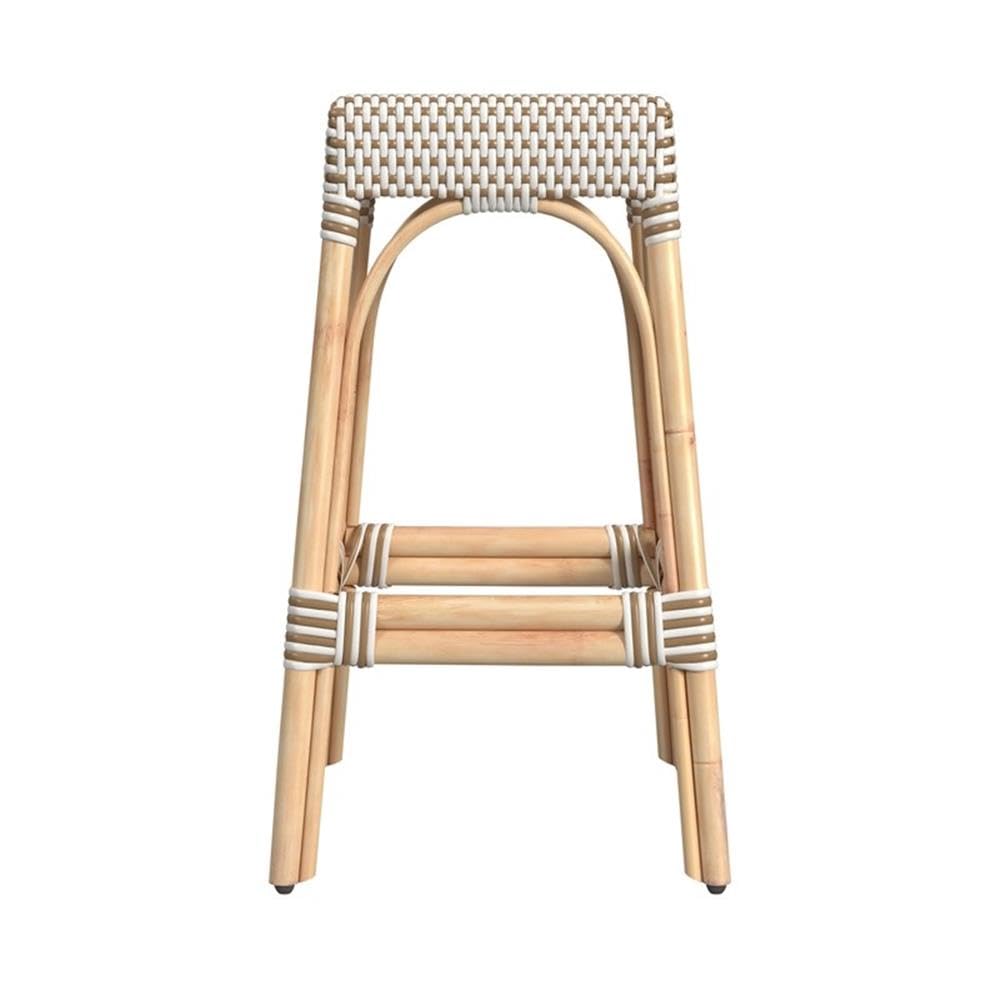 Back. Butler Specialty - Robias Rectangular Rattan 30" Bar Stool - White And Tan Dot.