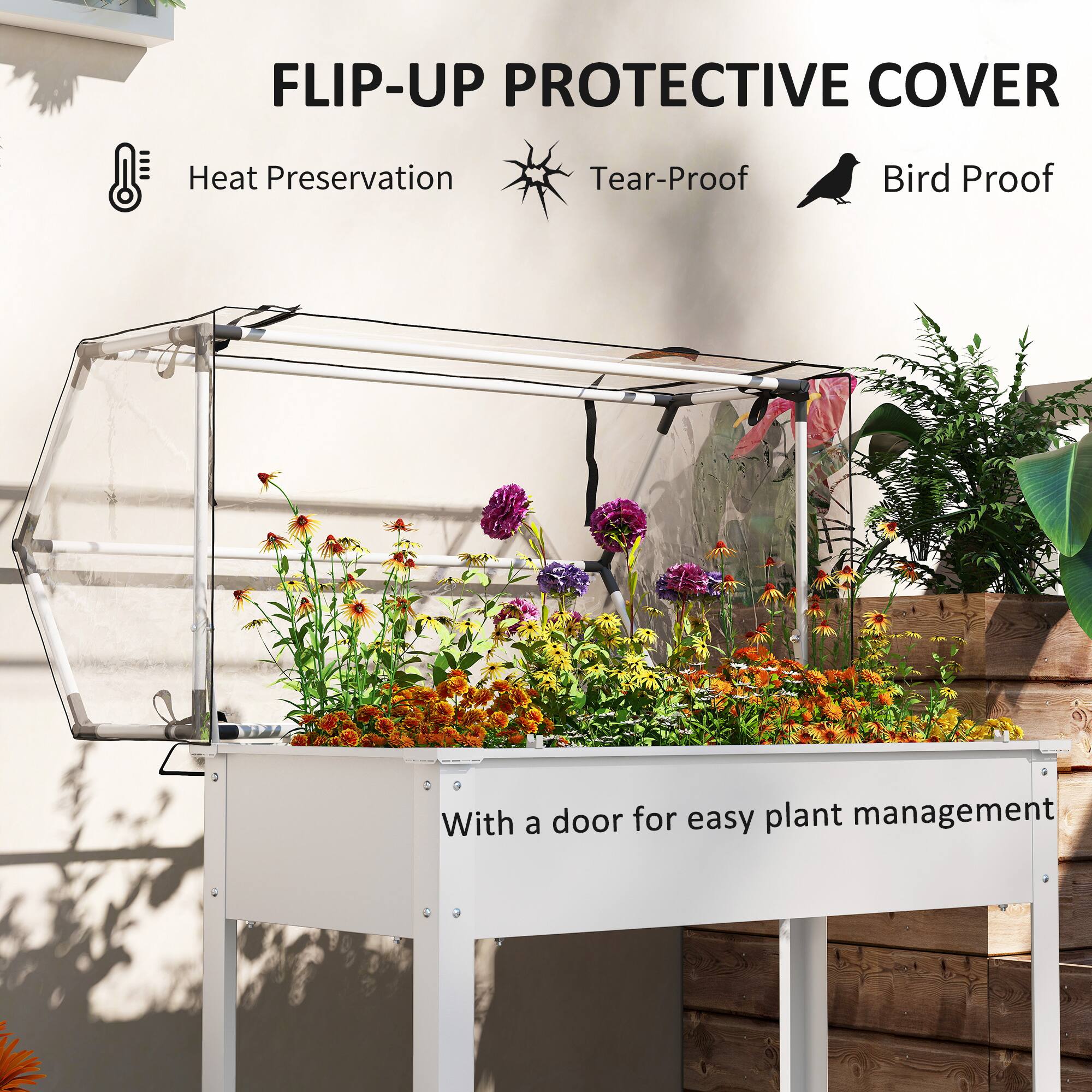 FLIP-UP PROTECTIVE COVER  
Heat Preservation  
Tear-Proof  
Bird Proof  

With a door for easy plant management