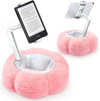 Front. FINEAK - Pumpkin Tablet Pillow Stand with Snack Bowl & Adjustable Viewing - Pink.