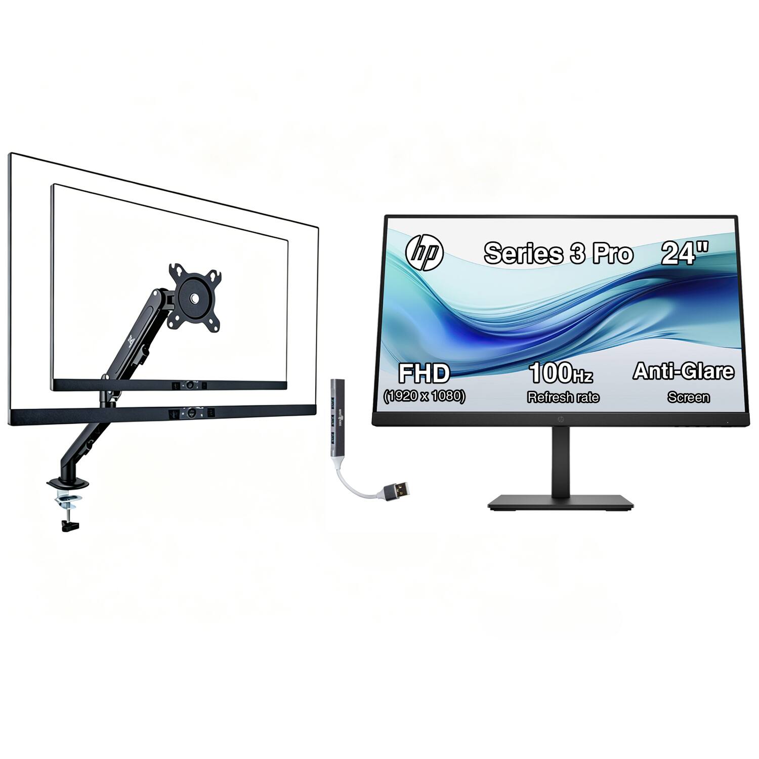 HP - Series 3 Pro 24" FHD IPS Monitor, 5ms Response Time, Anti-Glare, HDMI w/DKZ Hub & Ergoflexy Single Mount Arm - Black