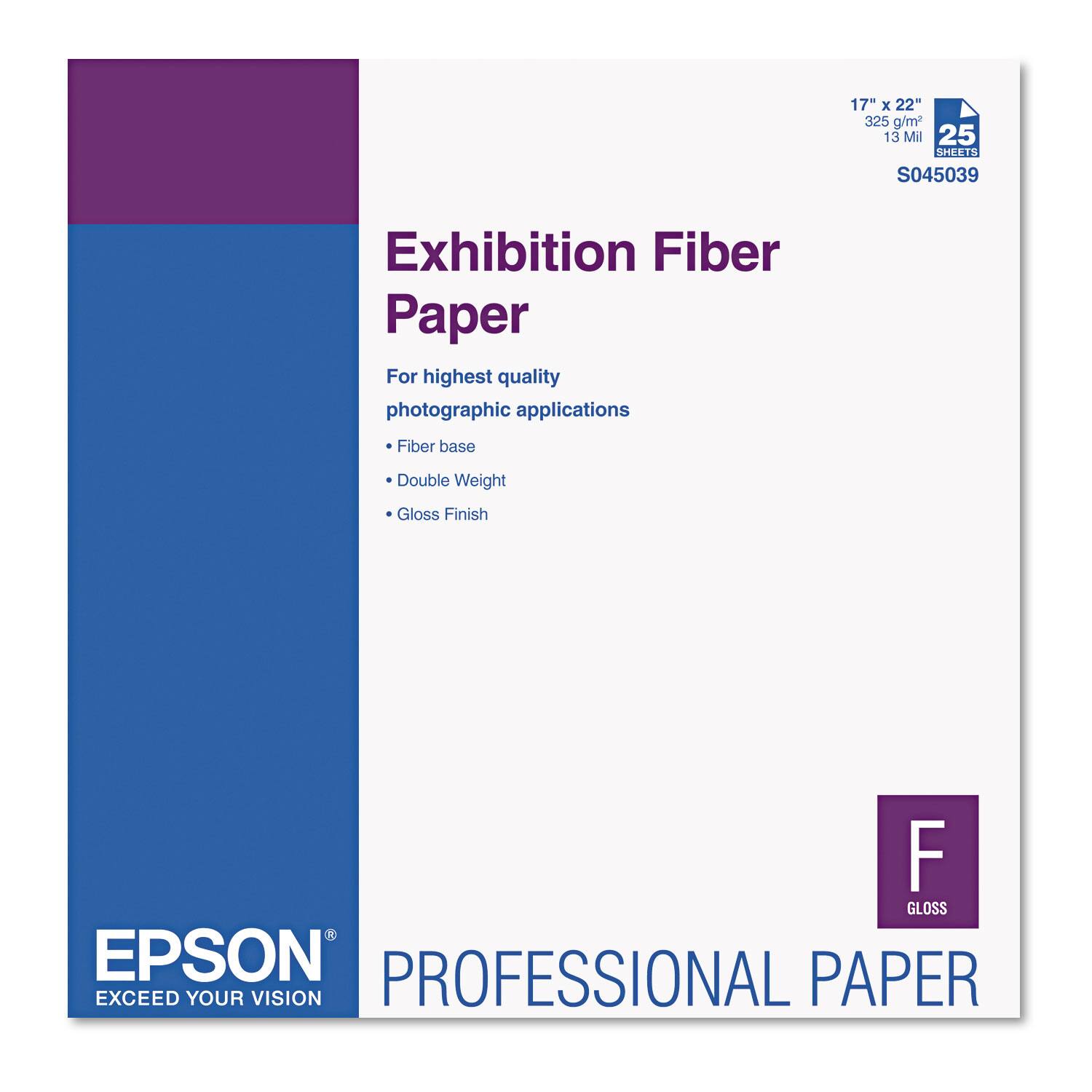 17" x 22" 325 g/m2 13 Mil 25 SHEETS S045039, Exhibition Fiber Paper, For highest quality photographic applications, Fiber base, Double Weight, Gloss Finish, F GLOSS, EPSON PROFESSIONAL PAPER, EXCEED YOUR VISION