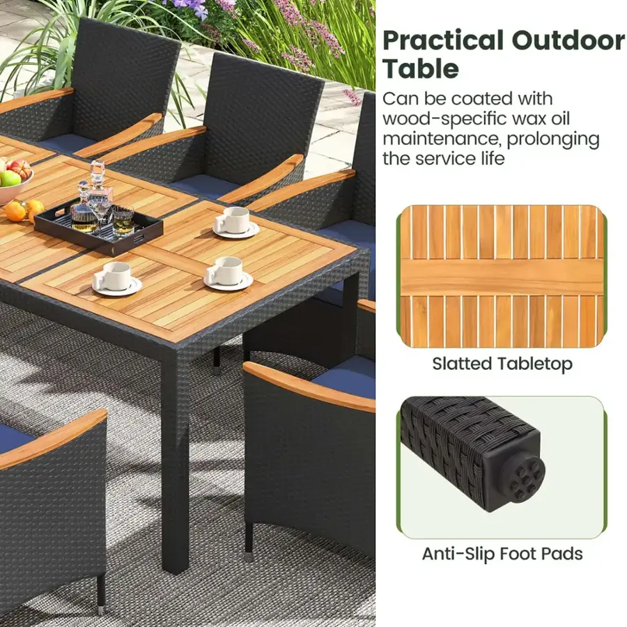 Practical Outdoor Table: Can be coated with wood-specific wax oil for maintenance, prolonging the service life. Slatted Tabletop: Anti-Slip Foot Pads.