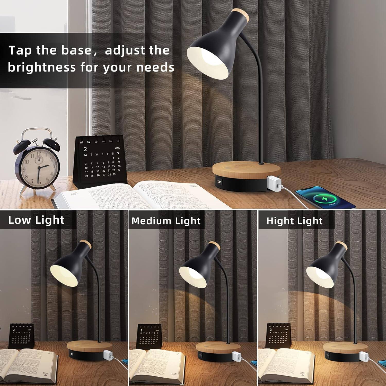 Tap the base, adjust the brightness for your needs

Low Light

Medium Light

High Light