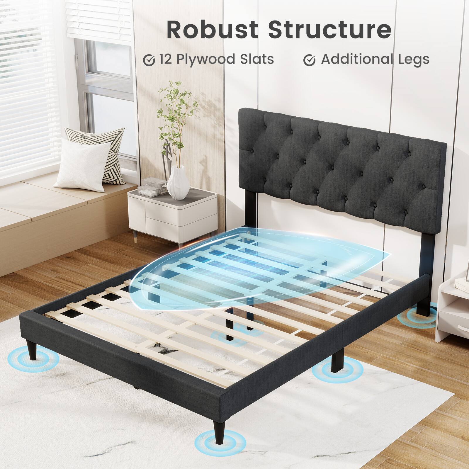 Robust Structure  
12 Plywood Slats  
Additional Legs