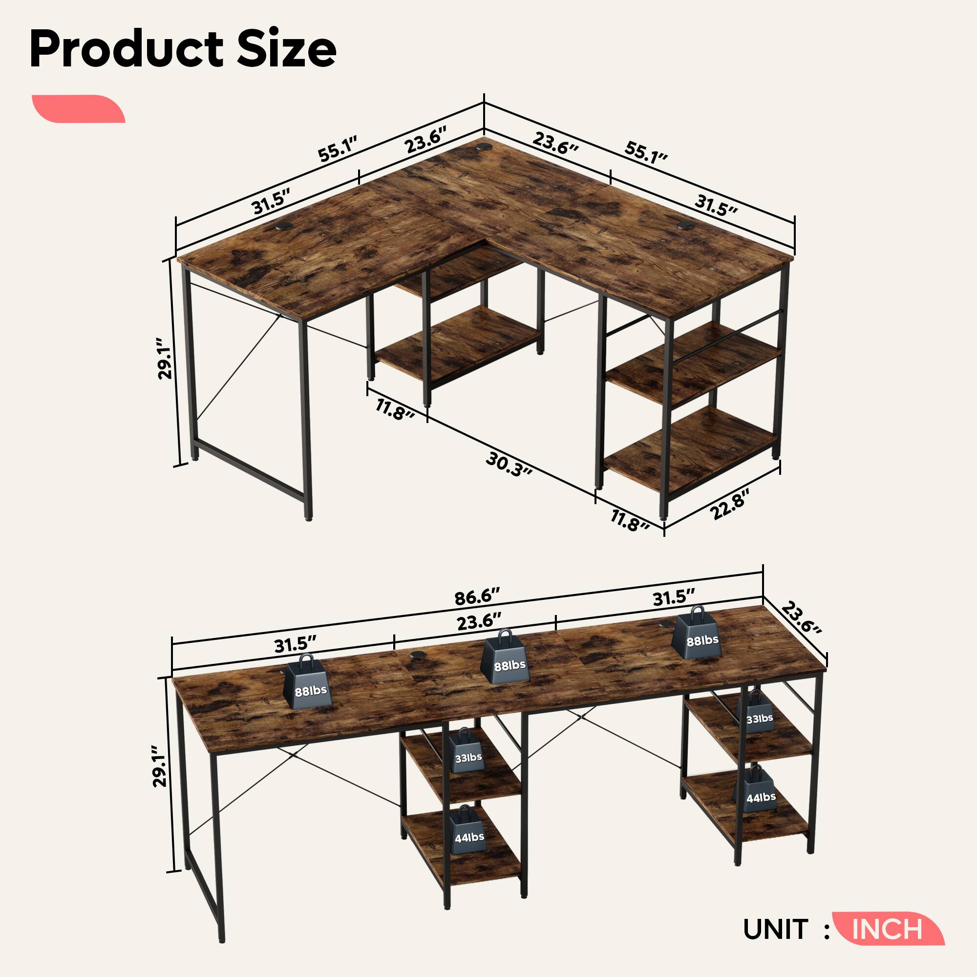 Product Size: 55.1" x 31.5" x 23.6" x 23.6" x 55.1" x 31.5" x 29.1" x 11.8" x 30.3" x 11.8" x 22.8" x 31.5"

Product Weight: 86.6 lbs x 88 lbs x 88 lbs x 33 lbs x 33 lbs x 44 lbs x 44 lbs

Unit: Inch