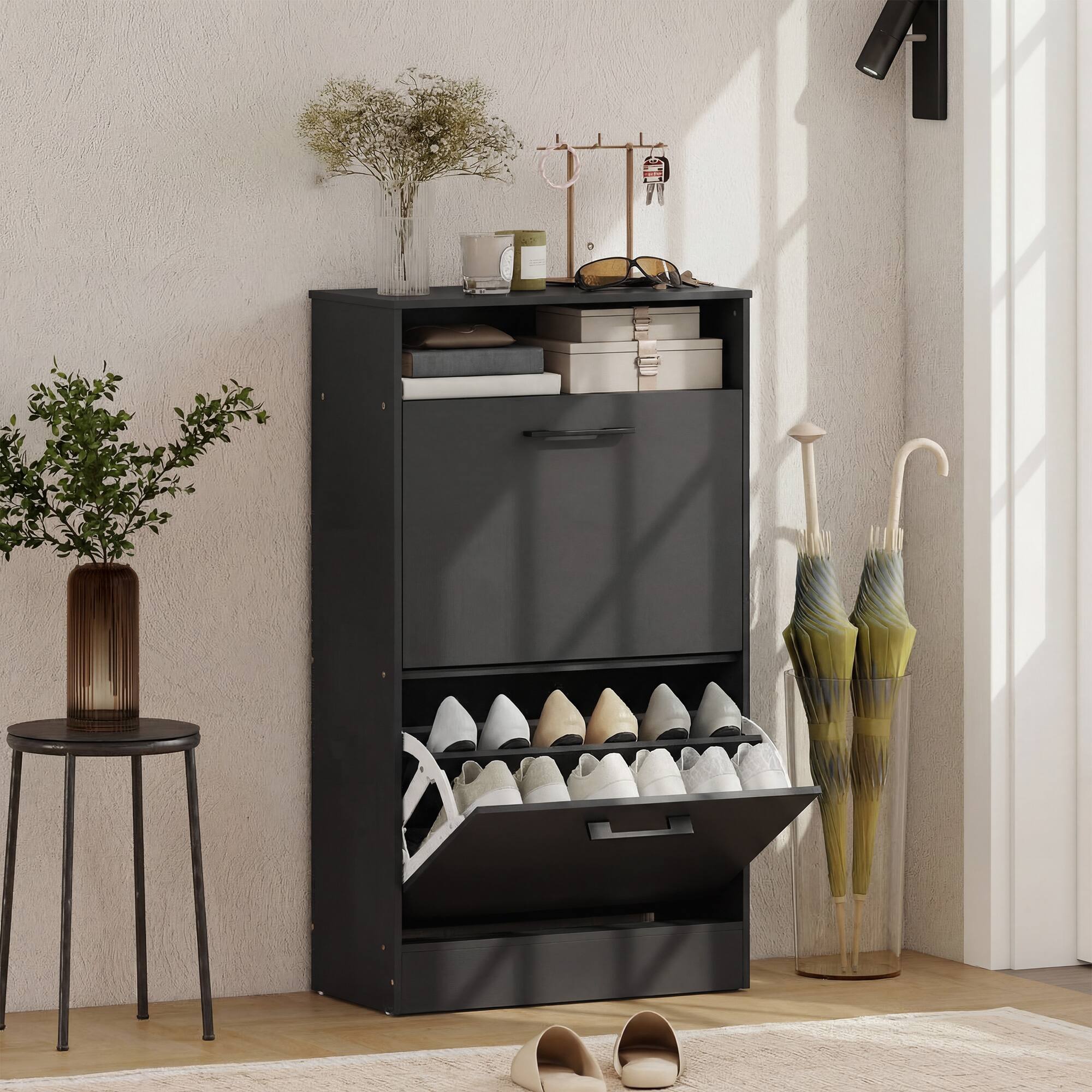 Alt View 1. Homcom - Cabinet 2 Flip Drawers Adjustable Dividers Shoe Storage Cabinet Top Shelf Entryway - Black.
