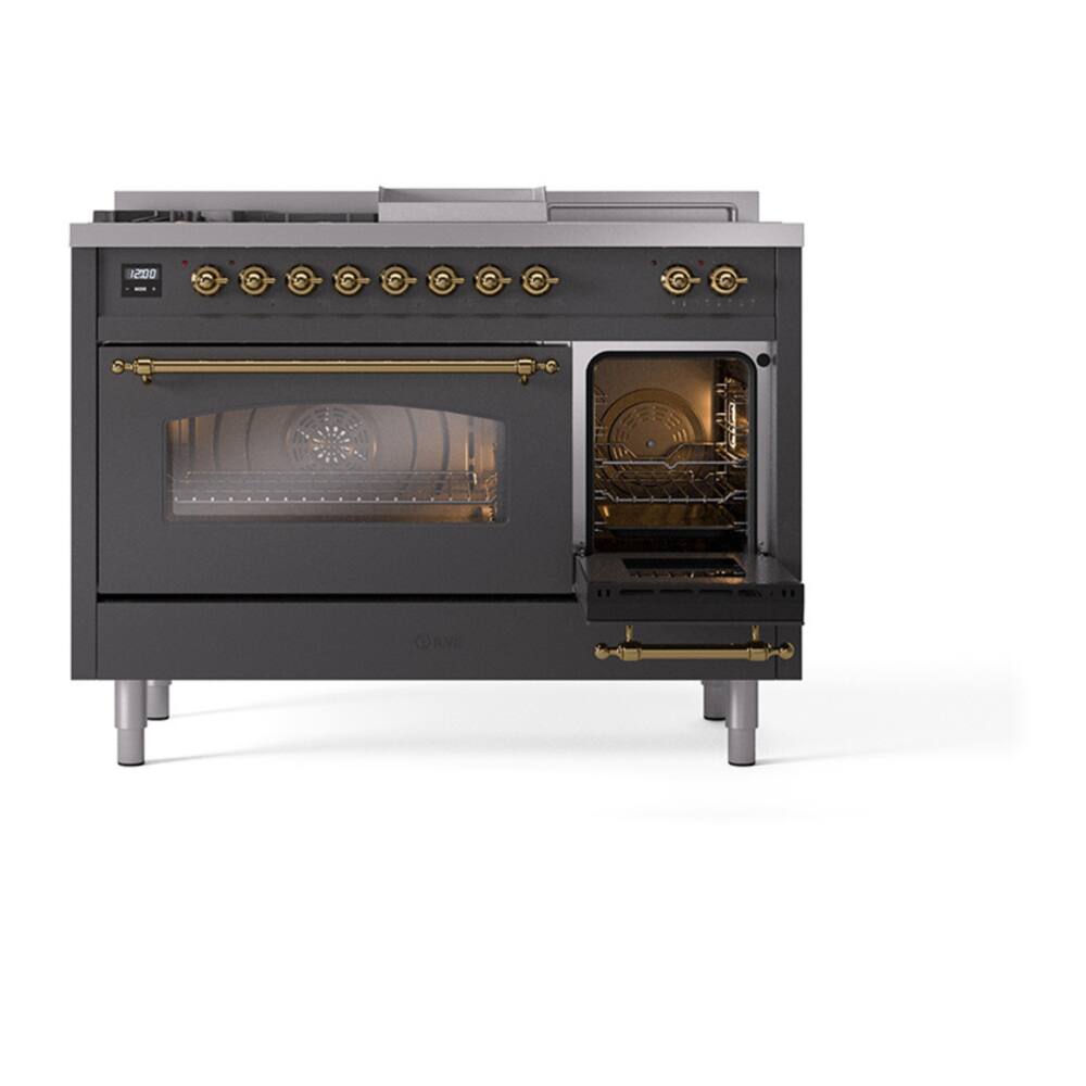 Alt View 6. ILVE - ILVE Nostalgie II Series 48 in. Dual Fuel Range with 5 Sealed Burners + Griddle (Liquid Propane, Brass Trim) - Graphite Matte.